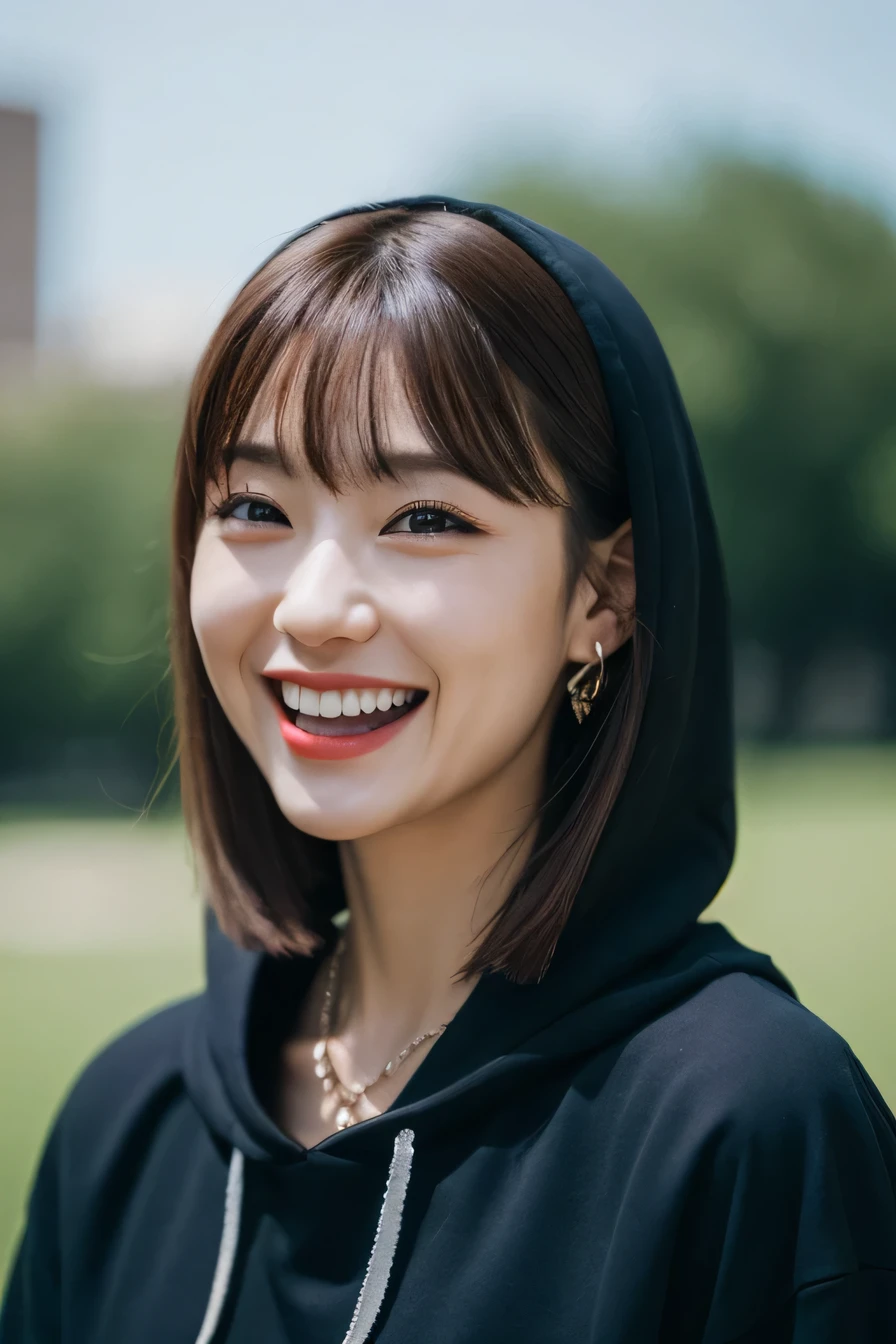 clear woman, cute, super detailed human face, 長いblack hair, fringe, highly detailed brown eyes, highly detailed teeth, white teeth, wearing a hoodie, city、 amazing details, Canon 5DM4, film stock photography, F1.6 lenses, realistic texture, unreal engine, photorealist,black hair、dark eyeliner、ear piercing、necklace around neck、beautiful teeth、Hairstyle Long