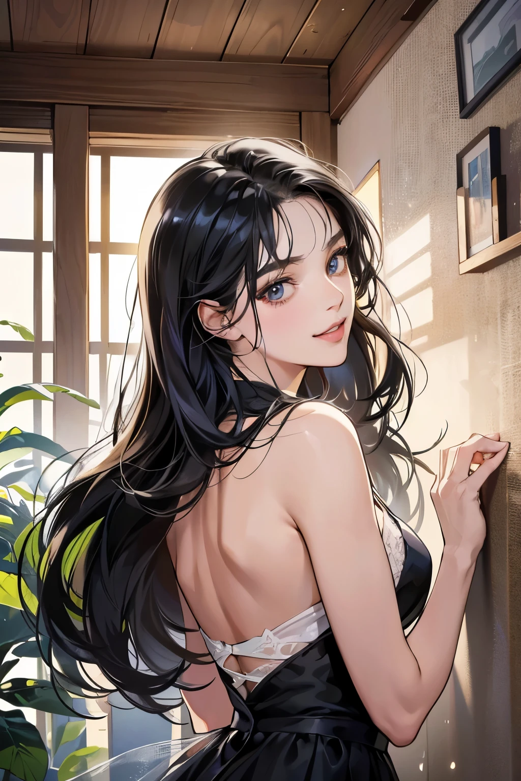 (table top, digital art, digital illustration, 4k, 8K, Super detailed, beautiful images, clear image, realistic, Raw photo, perfect face, perfect lines, perfect eyes, soft lighting) 1 female, (long black hair,One Len、straight hair、bullish look,Beautiful woman,suit,solid makeup,small breasts、23 year old female,:1.3),secretary, suitを着たハンサムな男性 2 人, (human,suitを着た男,muscular,solid shoulder width, human,boyish hairstyle,british gentleman's style,A man in his 30s with a cool expression,28 year old man with a bright smile:1.2),Light-filled living room、couple、coupleキス、romance、romanceポルノ、look at each other、hug each other
