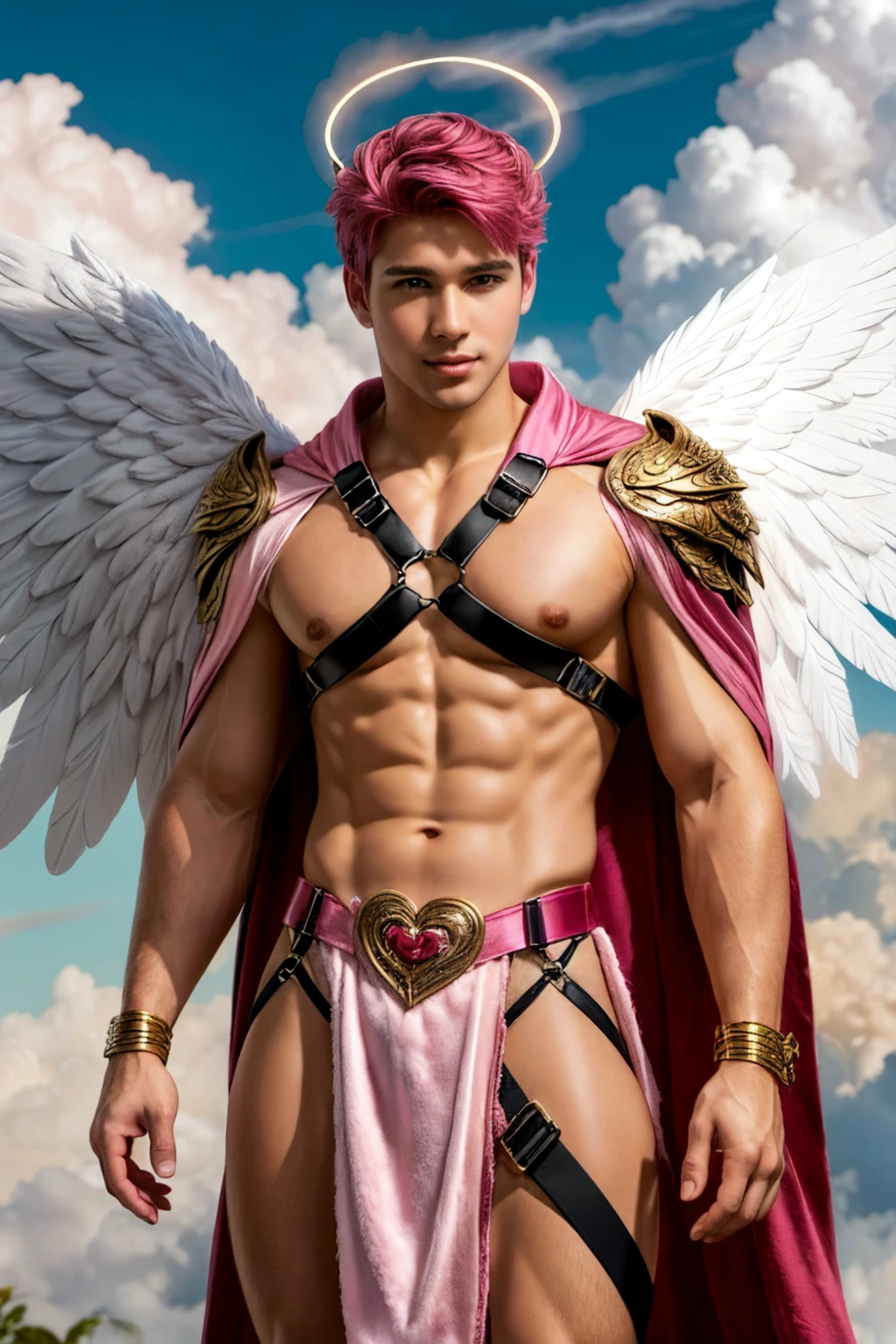 Photo of a man wearing cupid costume, (pink hair), wings, flying, halo, (pink toga robe), armor, (surrounded by clouds), ethereal, (seductive smile:0.6), jewelry, heart, harness, realistic, masterpiece, intricate details, detailed background, depth of field