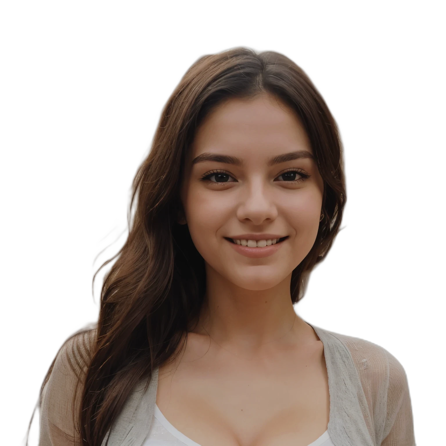 Masutepiece、highest qualityr、high resolusion、Eleonora Pavinato, 23 years old, Younger headshot, looking cute, cute pose, Beautiful busty girl, Black long hair, smiling
