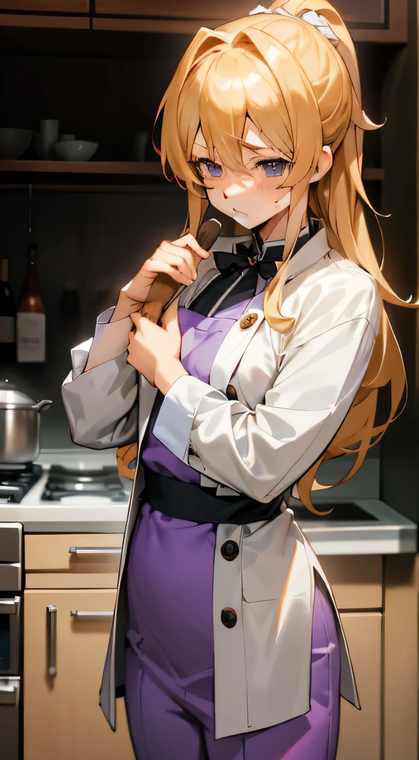 Anime girl named Nakiri Erina, standing alone in high resolution, masterpiece-like detail. Her blond hair cascades down to her waist, framing her cute, determined face with delicate eyes that shine bright like purple gems. She wears a chef outfit, a pristine white jacket and matching pants, as she focuses intently on the ingredients before her in Shokugeki no Souma. Her long hair is tied back, revealing a small, worried expression. The contours of her figure are clearly defined under the bright kitchen lights.