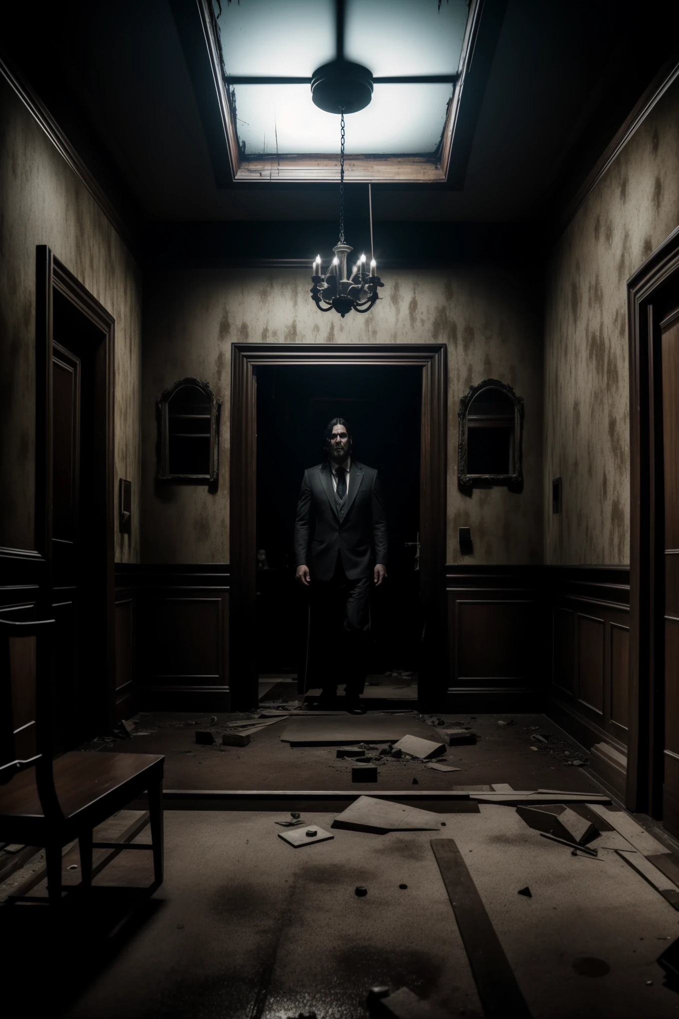 A chilling, cinematic image of a black-haired monster with a twisted, menacing face and long, flowing locks. In the background, the monster stands in a dimly lit, abandoned house, where the only source of light comes from a broken mirror with a blood-stained hand reaching out. The overall atmosphere is eerie and suspenseful, with a sense of impending doom hanging heavy in the air. The monster's eyes gleam with an otherworldly intensity, and its breathing can be heard echoing through the abandoned rooms. The image is captured in high definition, with every detail vividly brought to life - from the monster's grotesque features to the peeling wallpaper and