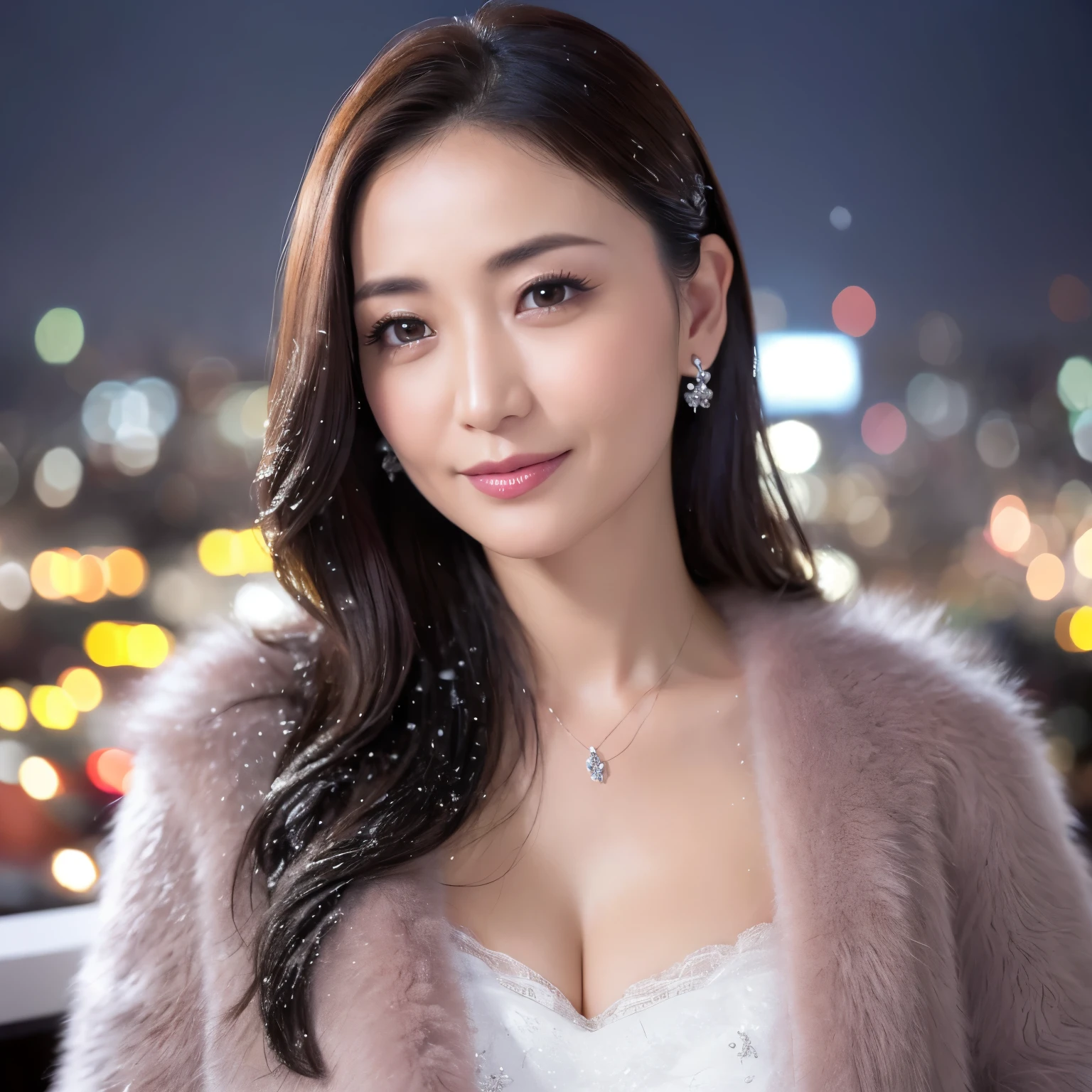 ((highest quality、table top、8K、best image quality、Award-winning work))、one beautiful mature woman、45 year old mature woman、smile looking at me、(close up of face:1.4)、(cleavage:1.1)、(big breasts:1.1)、(Perfect and classy thick fur coat:1.3)、epic movie lighting、(romantic love feelings:1.2)、(The most romantic and moody atmosphere:1.2)、(winter city:1.1)、Snowy landscape in the city:1.1)、(The snow in the air sparkles finely:1.2)、(It&#39;s snowing heavily:1.1)、(Tyndall effect:1.1)、(Night view of the city with snow falling:1.5)、Shining beautiful skin、(accurate anatomy:1.1)、Ultra high definition beauty face、long eyelashes、natural makeup、ultra high definition hair、Ultra high definition eyes、(超高解像度でShining beautiful skin:1.1)、Super high resolution glossy lips、radiant beautiful skin