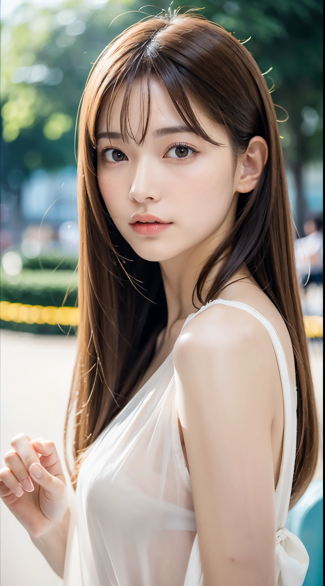 1womanl, up of face, mideum breasts, light brown hair, Blunt bangs, hair behind ear, hair over shoulder, Long hair, slender body shape, Ultra Fine Face, Thin face, Delicate lips, Beautiful eyes, thin blush, eyes are light brown, perfect glossy skin, flawless skin, Glistening sweat,View here, Ultra-thin hands, Ultra-fine fingers, best ratio four finger and one thumb, (realisitic:1.3), Finger Extensions, See-through white blouse. An amusement park, One-person viewpoint, Fuji Film, F/1.2, 8K, masutepiece, nffsw, Super Detail, High quality, Best Quality, hight resolution