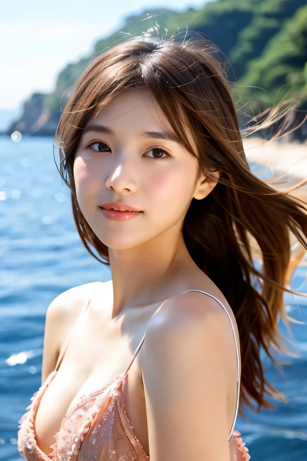 brown hair、Cute, isn't it?、beauty、The background is the sea、sun