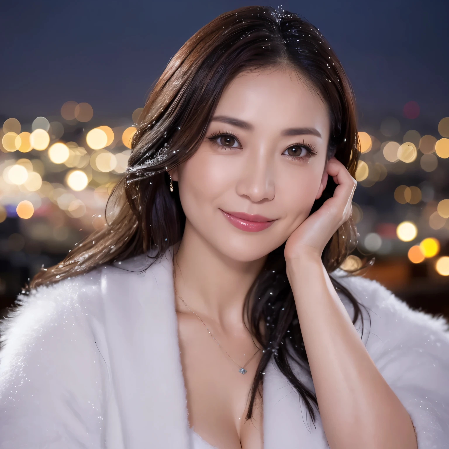 ((highest quality、table top、8K、best image quality、Award-winning work))、one beautiful mature woman、45 year old mature woman、look at me and smile、(close up of face:1.4)、(cleavage:1.1)、(big breasts:1.1)、(Perfect and classy thick fur coat:1.3)、epic movie lighting、(romantic love feelings:1.2)、(The most romantic and moody atmosphere:1.2)、(winter city:1.1)、Snow scenery of the city:1.1)、(The snow in the air sparkles finely:1.2)、(that&#39;It&#39;s snowing heavily:1.1)、(Tyndall effect:1.1)、(Night view of a snowy city:1.5)、Shining beautiful skin、(accurate anatomy:1.1)、Ultra high definition beauty face、long eyelashes、natural makeup、ultra high definition hair、ultra high resolution eyes、(超高解像度でShining beautiful skin:1.1)、Super high resolution glossy lips、radiant beautiful skin