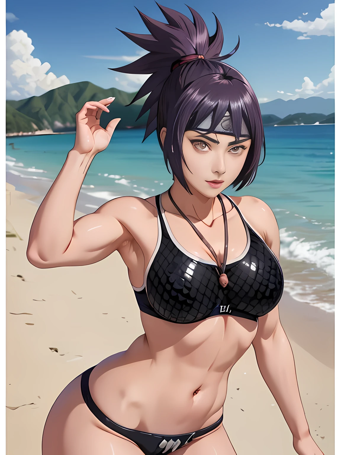 Muscular Anko Mitarashi (Naruto), (illustrated by Masashi Kishimoto), in swimsuit, (black with a violet tint hair color is styled in a short, spiky, fanned-out ponytail), Light Brown Pupil-less Eyes, forehead protector, she also wears a small pendant that looks like a snake fang, Muscle Tone, Muscle Definition, at the beach, Photorealistic, Anime Girl Rendering, Feminine Anime.