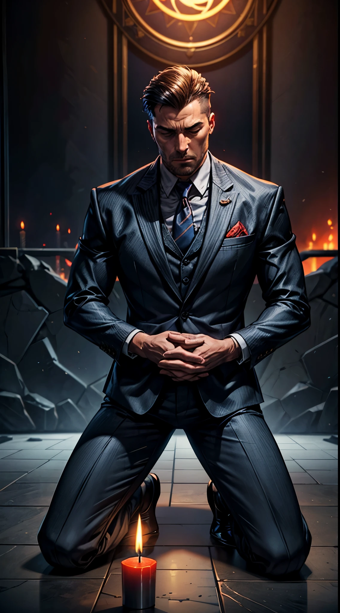 A man in a suit is kneeling on the floor eyes closed praying, with his hands clasped together. He is surrounded by flames and there are candles in the background, 4k, unreal engine render, epic comic illustration 
