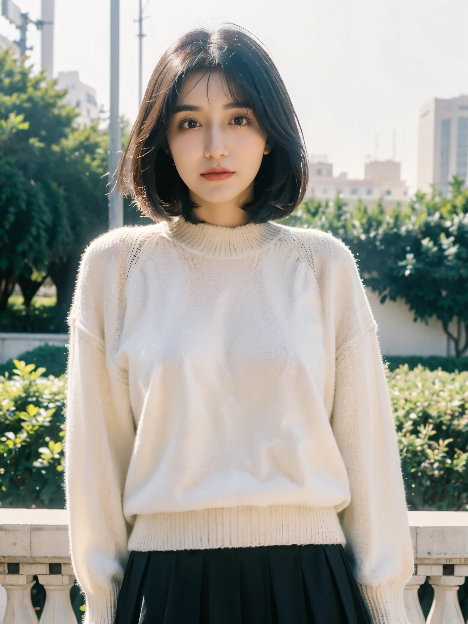 Ultra-HD-details, detailed eyes, black bob hair, upper body, outdoor, nature, skirt, Shirt, white oversized sweater, (three-quarter body portrait photo), Golsifteh Farahani, Iranian girl