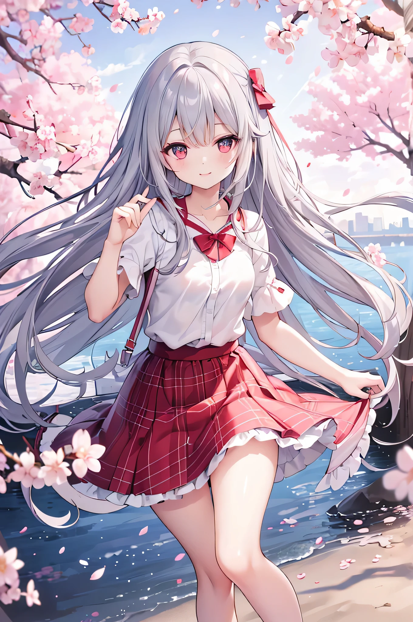 High resolution　high quality　gray hair　length hair　cheeks are red　smile　Show from head to thigh　small breasts　small ass　thin legs　Near the cherry blossoms　Cherry blossom petals are dancing　blue sky　grassland　length　plaid skirt　Angle from above