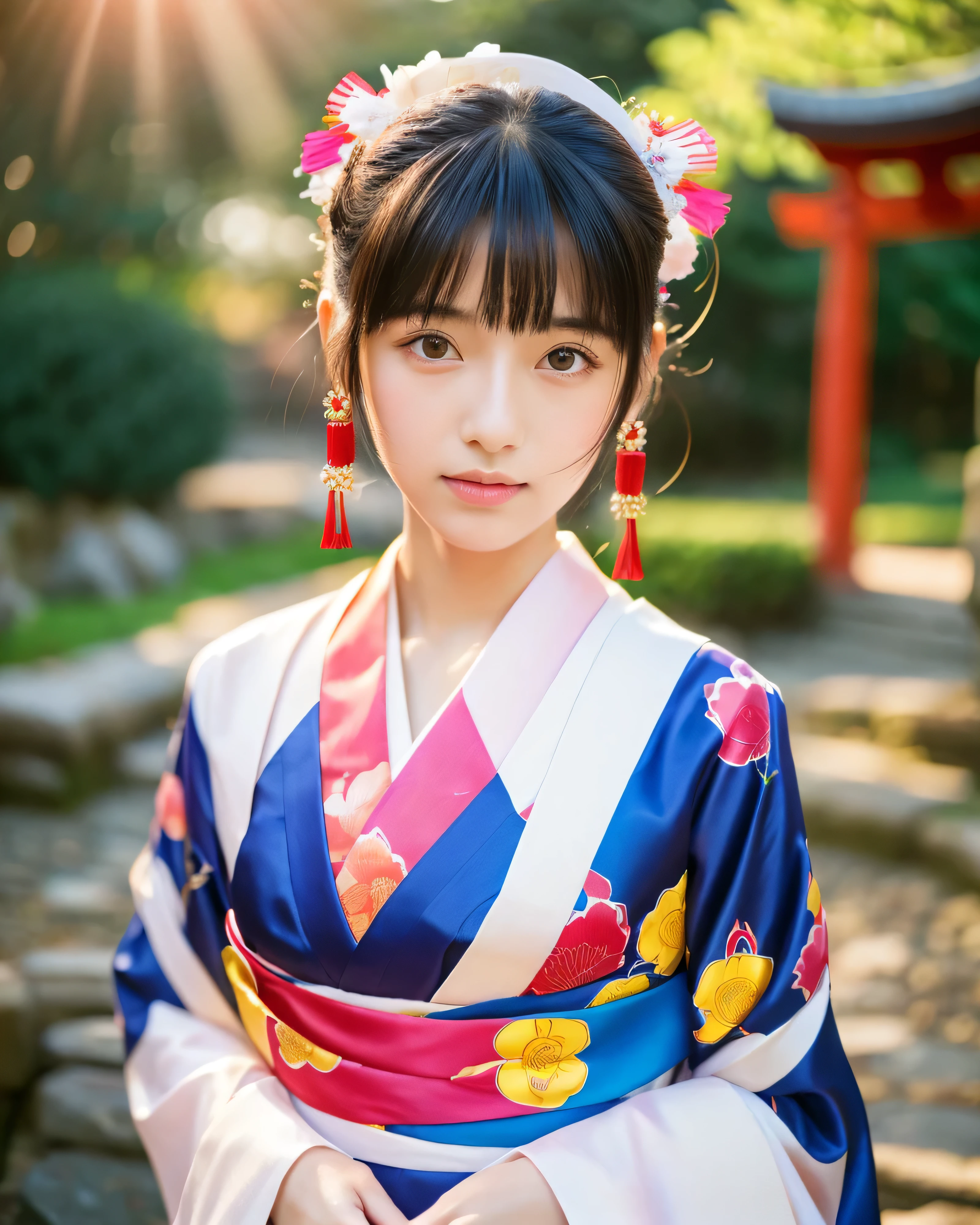 (highest quality, 8K, High resolution, masterpiece:1.2), beautiful japanese girl, , Girl in priestess uniform, perfect human anatomy, glossy black hair, Beautiful ponytail shining red, asymmetrical bangs, hair ornaments, big magic eyes, smooth soft skin, thin eyebrows, Clear double eyelids, pale pink lips, natural makeup, A fleeting and gentle expression, Japan traditional priestess costume, fine silk fabric, beautiful japanese garden, God's ritual, (Colorful light effect:1.3), professional lighting, professional photographer, professional model