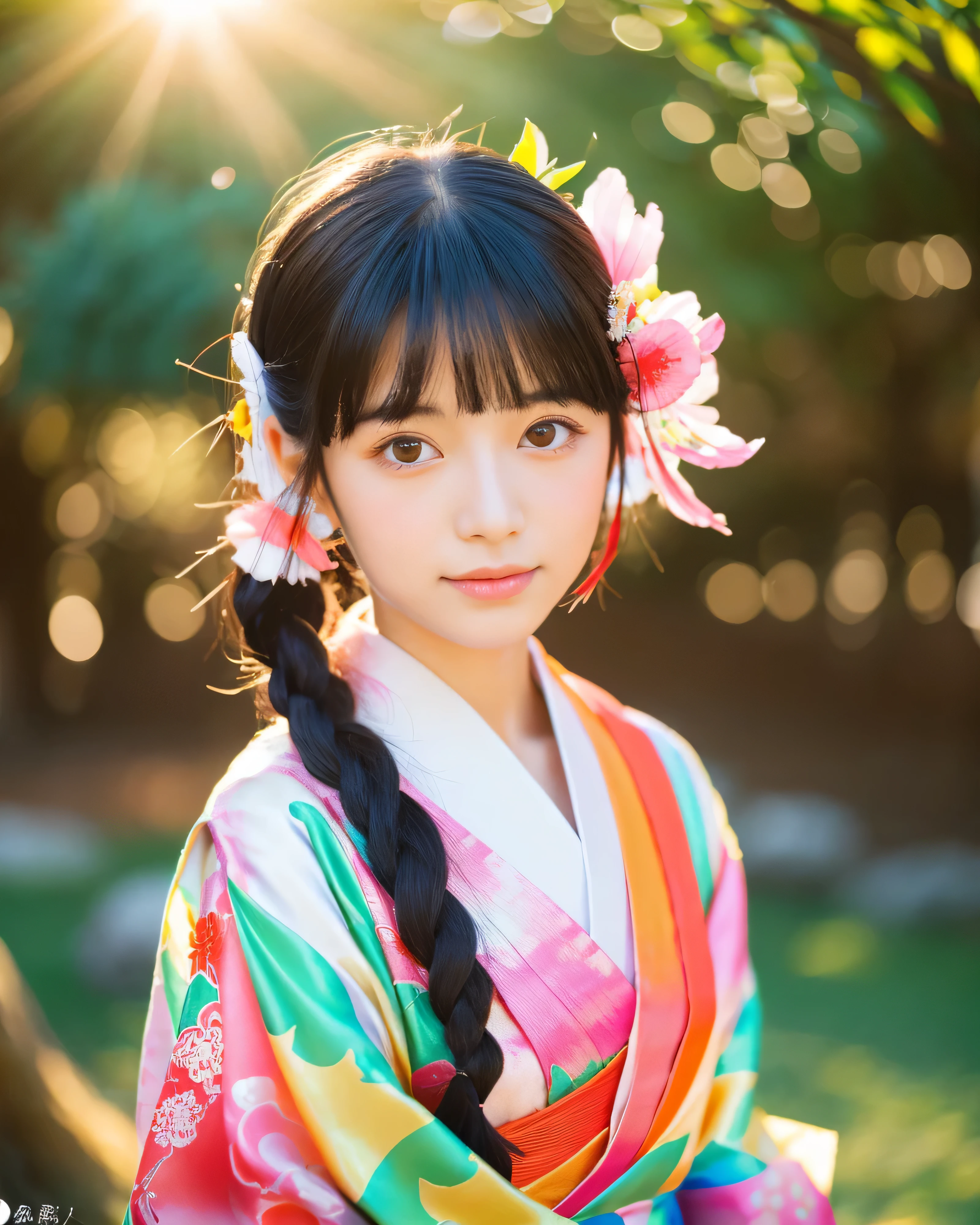 (Colorful Themes:1.1),Colorful whole、butterfly々There are many flying、Colorful Themes,Colorful butterfly There are many flying、Bright color、 girl,Surrounded by colorful flowers in a flower field,cute,Upper Body,kimono,,The eyes are big and cute、Hands clasped、pray、Mouth is a problem