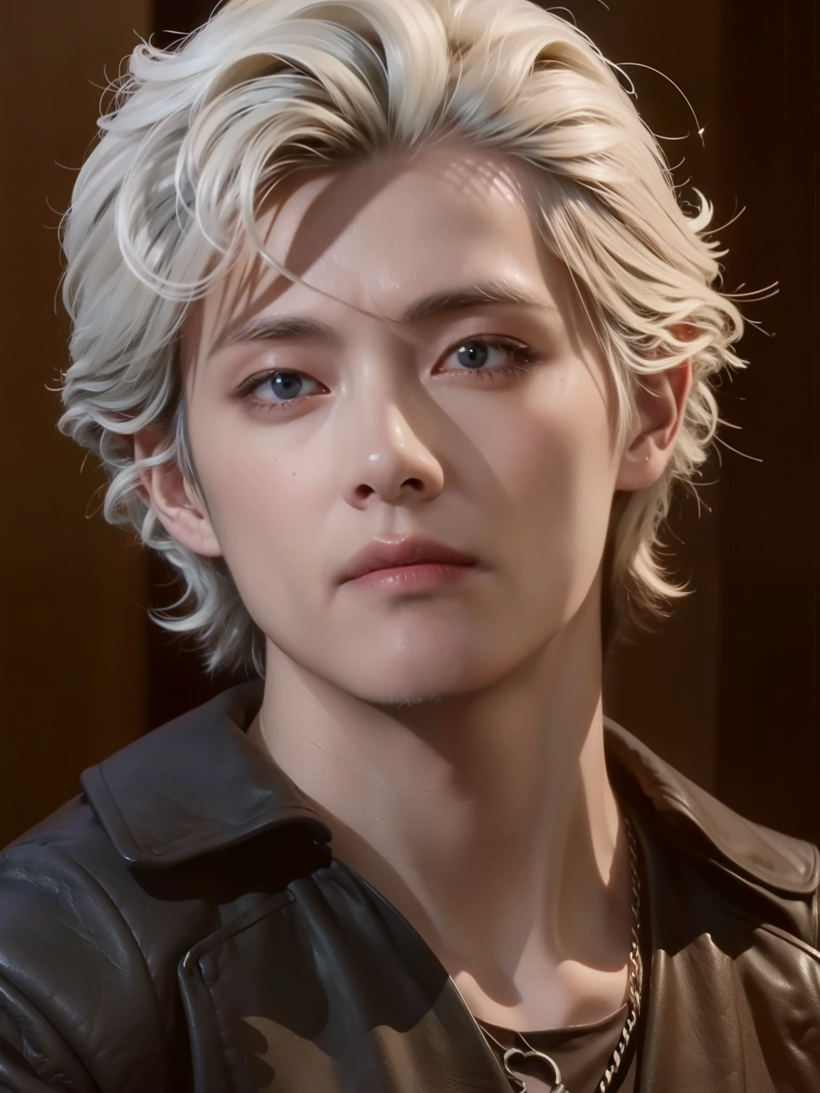 un primer plano de una persona con cabello blanco y una camisa, personaje de cerca, johan liebert mezclado con dante, Elfo macho de piel plateada, el tiene pelos gris oscuro, un elfo macho, hombre de pelo gris oscuro, personaje masculino, primer plano del personaje, a portrait of un elfo macho, hugh detallado, un elfo de mediana edad, Cinematic close-up of the bust.