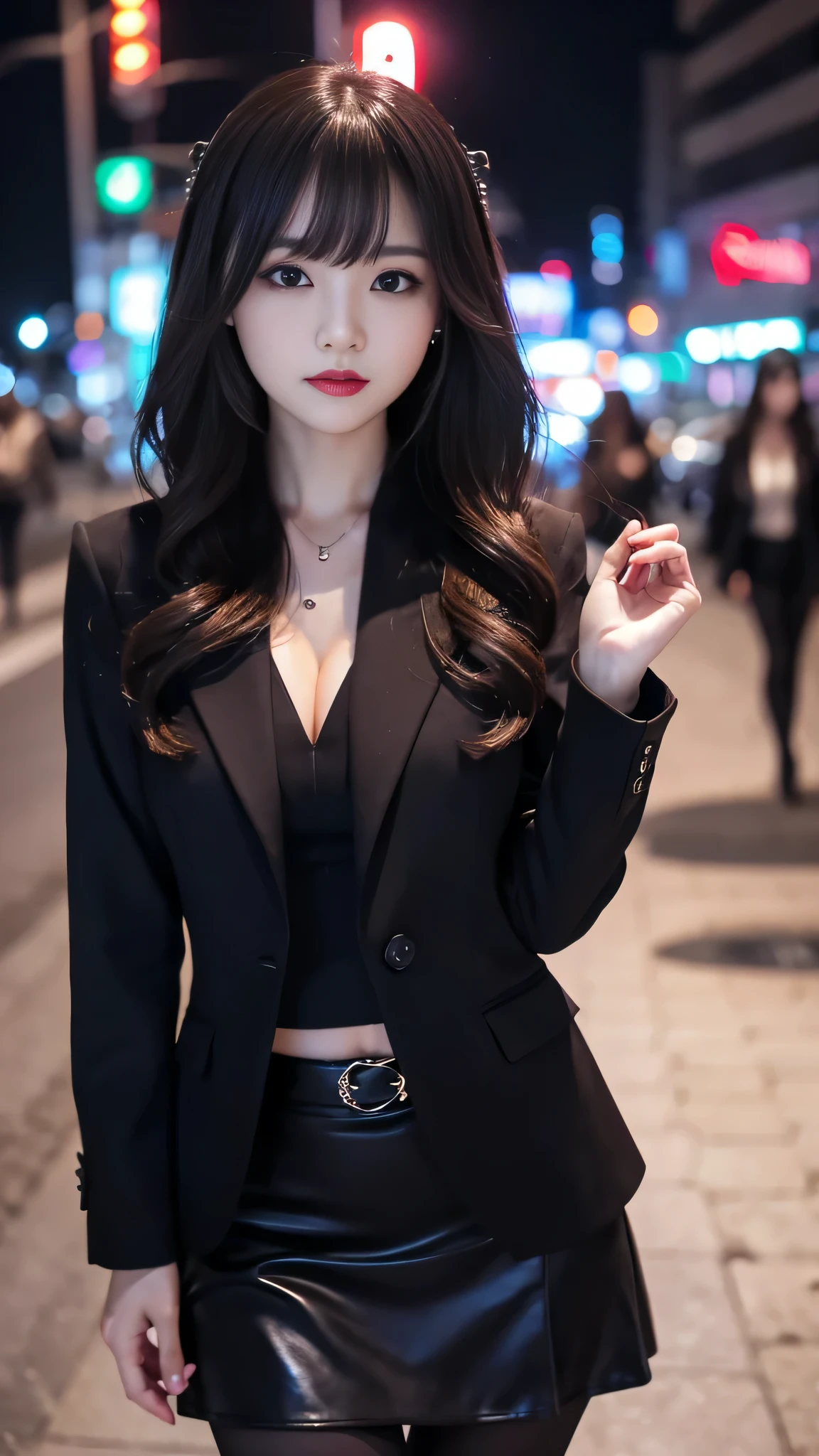 Super detailed、Japanese、charming beauty、seductive adult woman、Beautiful woman、sharp eyes、cool girl、wavy hair、flowing bangs、suit、Jacket、blouse、Tight Skirt、pantyhose、beautiful feet、evilの幹部、evil depravity、brainwashing、Mind control、lipstick、grin、evilな表情、evil、empty eyes、evil、night walk、vampire、Succubus、vampire、Possessed and turned black、