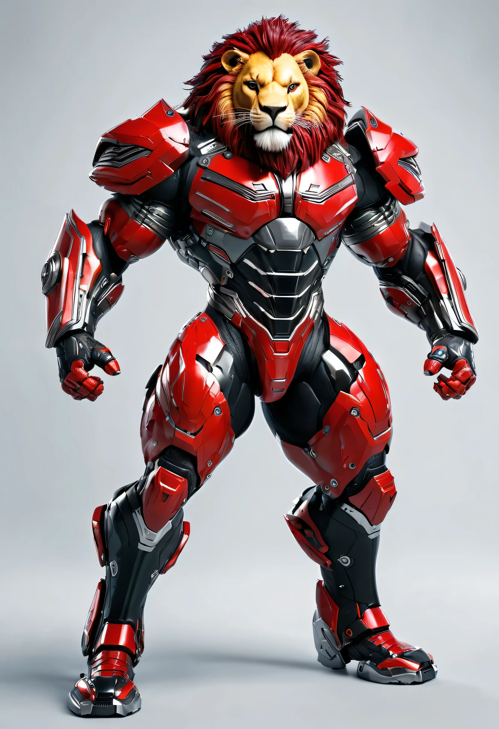 personagem, a lion with a super muscular body, with super strength, wearing futuristic combat armor with metallic parts in red with black details,