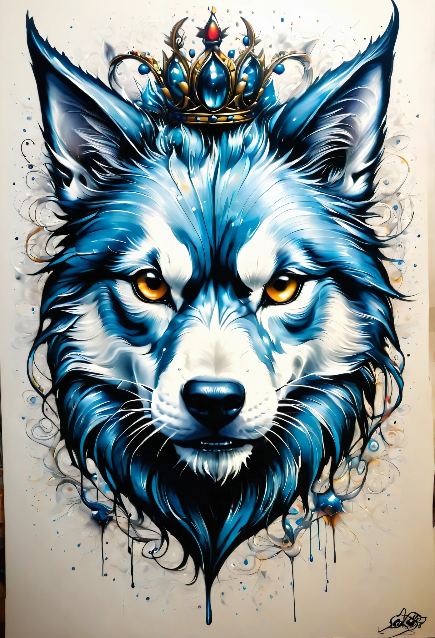 lobo usando coroa olhar carinhoso estilo grafite sombreado