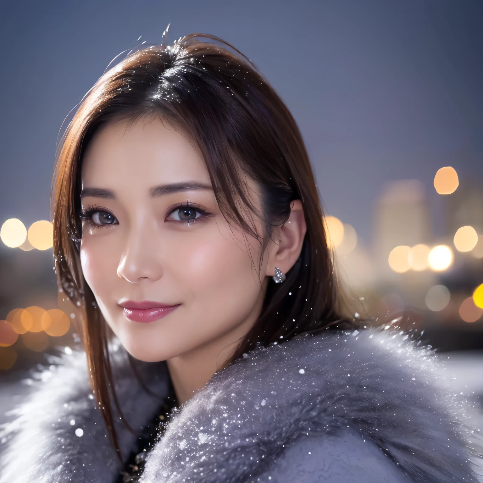 ((highest quality、table top、8K、best image quality、Award-winning work))、one beautiful mature woman、45 year old mature woman、smile looking at me、(close up of face:1.4)、(cleavage:1.1)、(big breasts:1.1)、(Perfect and classy thick fur coat:1.3)、epic movie lighting、(romantic love feelings:1.2)、(The most romantic and moody atmosphere:1.2)、(winter city:1.1)、Snowy landscape in the city:1.1)、(The snow in the air sparkles finely:1.2)、(It&#39;s snowing heavily:1.1)、(Tyndall effect:1.1)、(Night view of the city with snow falling:1.5)、Shining beautiful skin、(accurate anatomy:1.1)、Ultra high definition beauty face、long eyelashes、natural makeup、ultra high definition hair、Ultra high definition eyes、(超高解像度でShining beautiful skin:1.1)、Super high resolution glossy lips、radiant beautiful skin