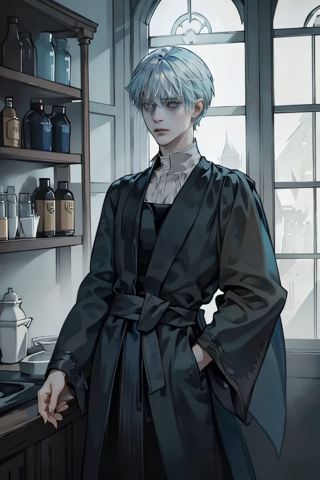 Dark picture, Draco Malfoy stands at the window, despair, Her hair is disheveled, clothing black robe, High detail ((Smooth skin, Blue eyes, disheveled blond hair))