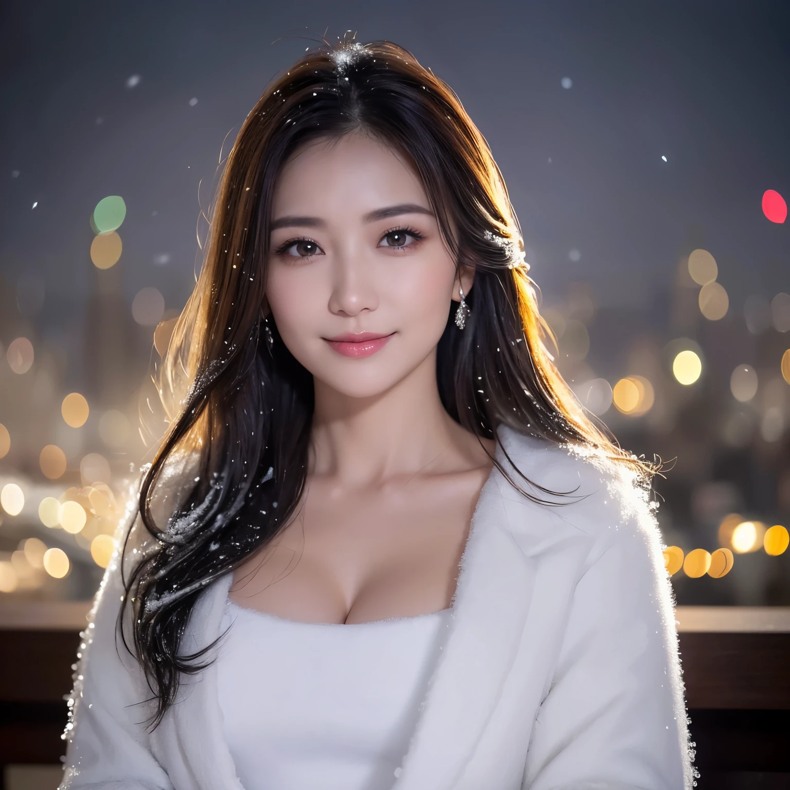 ((highest quality、table top、8K、best image quality、Award-winning work))、one beautiful mature woman、45 year old mature woman、smile looking at me、(close up of face:1.4)、(cleavage:1.1)、(big breasts:1.1)、(Perfect and classy thick coat:1.3)、epic movie lighting、(romantic love feelings:1.2)、(The most romantic and moody atmosphere:1.2)、(winter city:1.1)、Snowy landscape in the city:1.1)、(The snow in the air sparkles finely:1.2)、(It&#39;s snowing heavily:1.1)、(Tyndall effect:1.1)、(Night view of the city with snow falling:1.5)、Shining beautiful skin、(accurate anatomy:1.1)、Ultra high definition beauty face、long eyelashes、natural makeup、ultra high definition hair、Ultra high definition eyes、(超高解像度でShining beautiful skin:1.1)、Super high resolution glossy lips、radiant beautiful skin