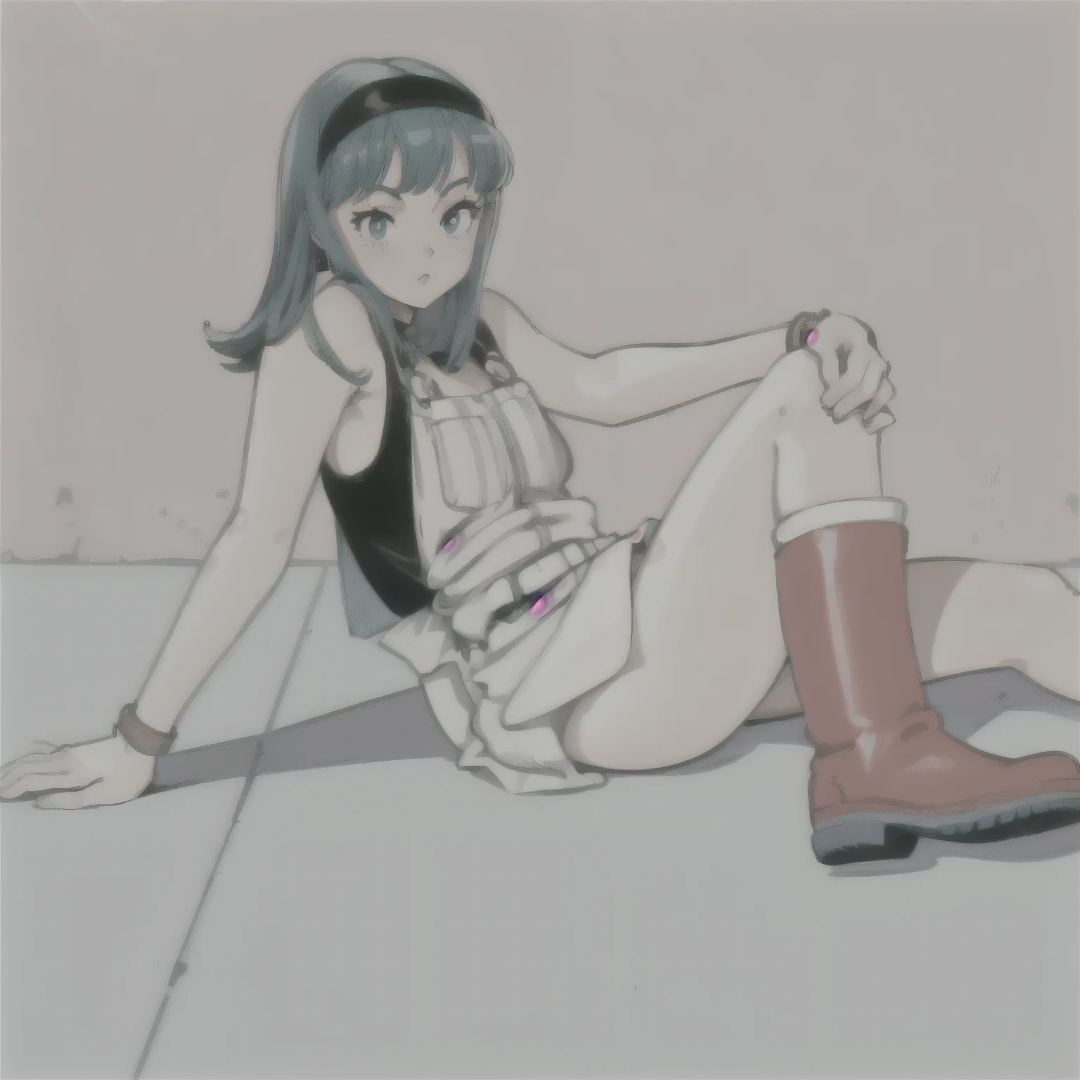 anime girl sitting on the floor with hand on her knee , the anime girl is squatting, retro anime girl, inspirado em Rei Kamoi, Bulma de Dragon Ball, linda garota de anime agachada, Estilo de arte de anime dos anos 90, estilo anime Gainax, anime girl with teal hair, Estilo anime dos anos 90, Estilo de anime dos anos 90, garota de anime do futuro