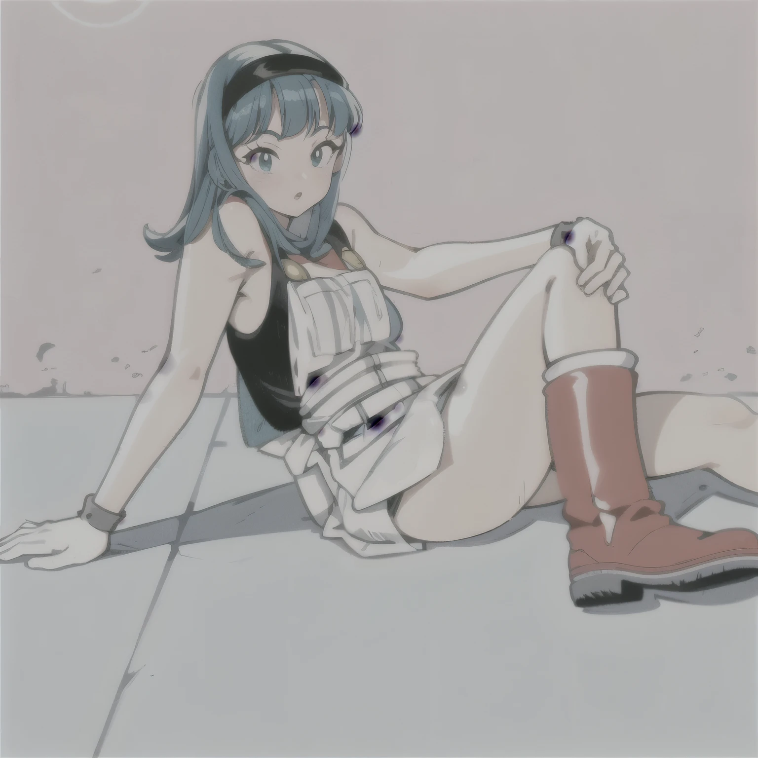 anime girl sitting on the floor with hand on her knee , the anime girl is squatting, retro anime girl, inspirado em Rei Kamoi, Bulma de Dragon Ball, linda garota de anime agachada, Estilo de arte de anime dos anos 90, estilo anime Gainax, anime girl with teal hair, Estilo anime dos anos 90, Estilo de anime dos anos 90, garota de anime do futuro