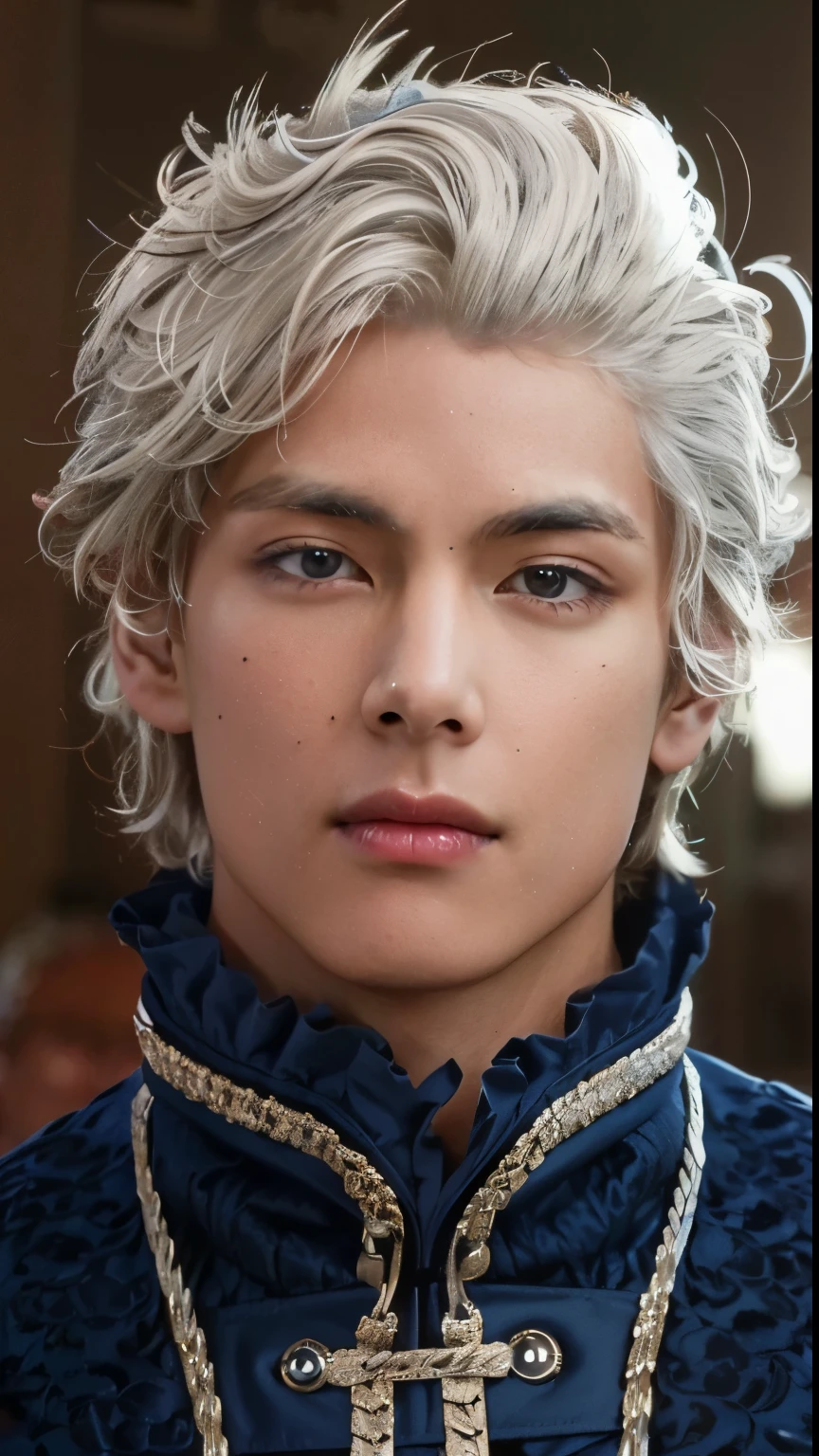 un primer plano de una persona con cabello blanco y una chaqueta azul, personaje de cerca, johan liebert mezclado con dante, Renderizado de retratos en 8k, virgilio, with very highly detailed rostro, Cinematic close-up of the bust., piel muy detallada, xqc, contenido ultra detallado : rostro, high detail iconic character, virgilio from devil may cry