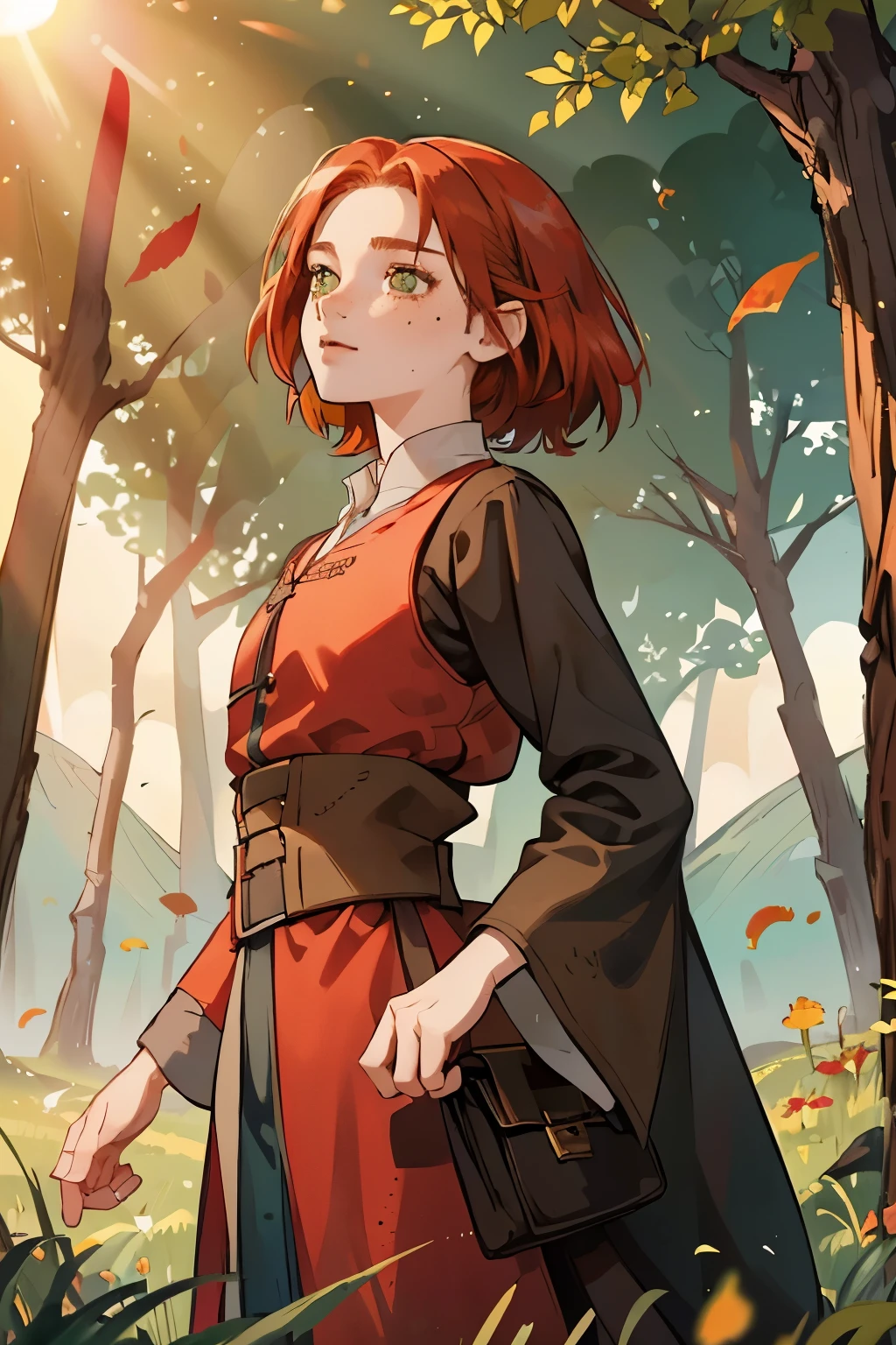 Ginny Weasley stands in the sun, surrounded by green meadow and trees, bright sun, Natural light, Wind, волосы раздувает Wind, detailed face ((Brown eyes, freckles, Red hair)), Red hair, clothes black mantle, detailed picture, masterpiece