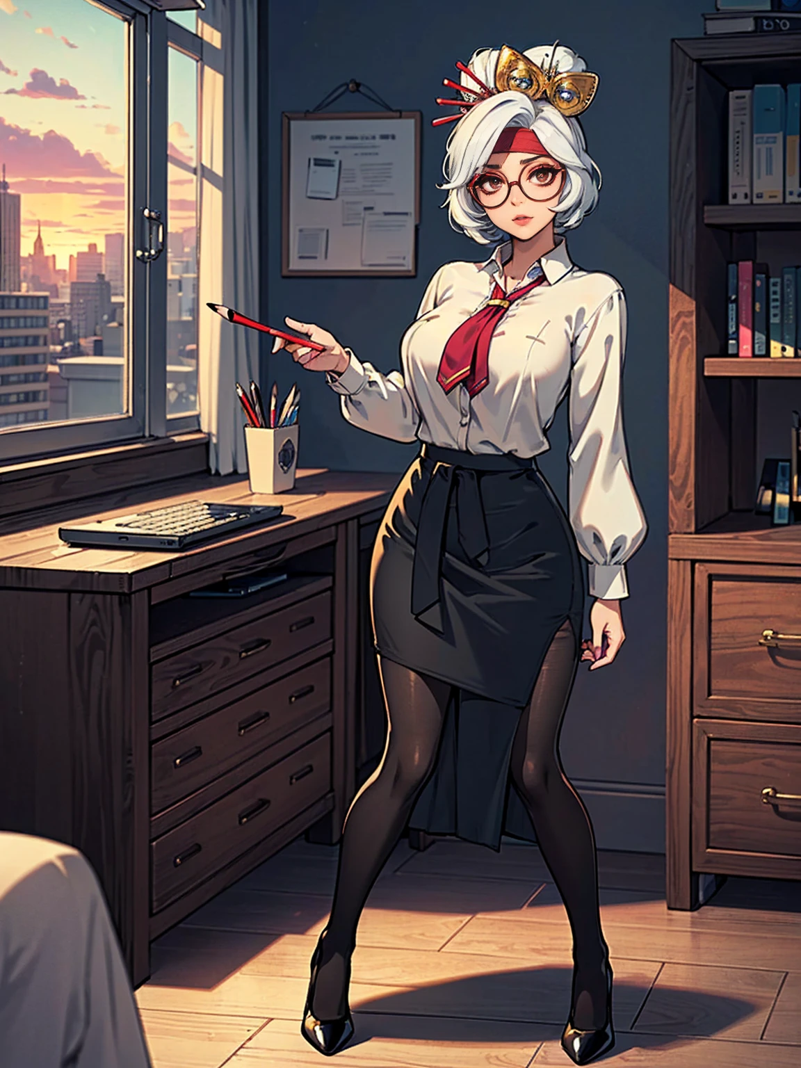 ((Masterpiece, standing,Best Quality, Purah, White Hair, brown Eyes, Red Headband, Hair Ornament, Hair Sticks, Red Glasses, shy, Smug)), ((pink lipstick, Extremely detailed, ambient soft lighting, 4k, perfect eyes, a perfect face, perfect lighting, a 1girl)), ((Officelady, Black suit, tie ((female suit, Black tight skirt, long skirt, pencil skirt, White blouse, Black tights)), High pumps with black heels, Office, lana, Beautiful woman, gazing at viewer, Looking here, hight resolution, top-quality, full body, animations, (anime style), office, penthouse, executive room, large window, landscape of a metropolis, sunset, clouds)), documents, books, table, shelves, pencil holder, computer, legs open, shapely thighs