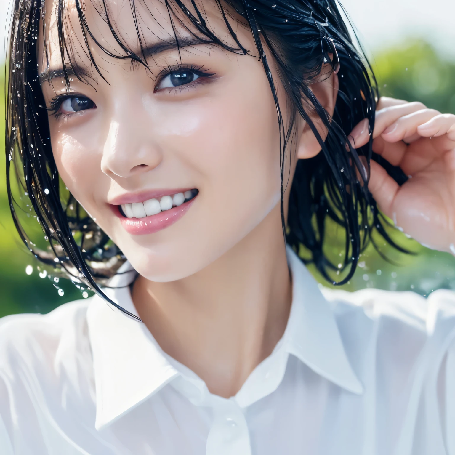 ((Best Quality, 8K, Masterpiece: 1.3)), Sharp Focus: 1.2, A Beautiful Woman with Perfect Figure: 1.4, Slim Abs: 1.2, (Layered Hairstyle,: 1.2)), (Wet White Button Long Shirt: 1.3, no inner:1.8), Rain: 1.3, Street: 1.2, Wet Body: 1.1, Highly Detailed Face and Skin Texture, Detailed Eyes, Double Eyelids, Big Breasts, Smile,