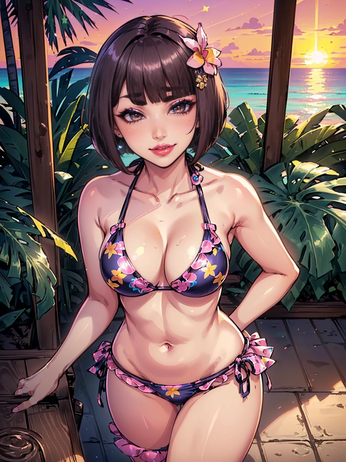 ((shiny eyes, 1girl, milf, sexy pose, ((Itsuki Shima, mature female, (cowboy shot:1.2), short hair, brown eyes, black hair, bob cut, brown eyes, looking at viewer, perfect body, perfect eyes, anime eyes, perfect face, (blush, smirking:1.1), sharp focus, professional artwork, intricate details)), ((solo, (1woman, pink lipstick), Extremely detailed, ambient soft lighting, 4k, perfect eyes, a perfect face, perfect lighting, a 1girl)), 1woman, (((adult woman))), ((((sexy)))), ((((submissive and breedable)))), cute, blush, nose blush, (((frilly bikini))), shapely body, (((((tropical setting))))), lewd, thigh, (((lewd))), slight smile, ((((paradise island, sunset, stars, thong, printed bikini)))), (((frilly hair ornament))), ((((cute hair ornament))))