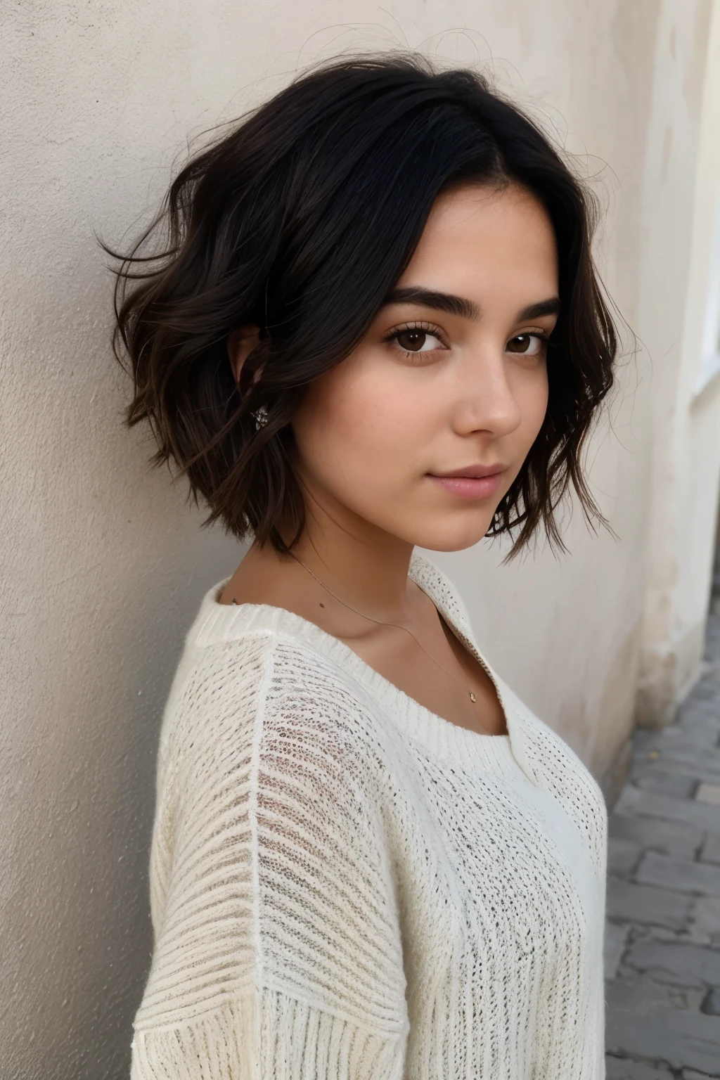 foto de instagram, 21 year old French woman., cabello corto, PELO NEGRO, primer retrato, sweater, escote, pale, sombras duras