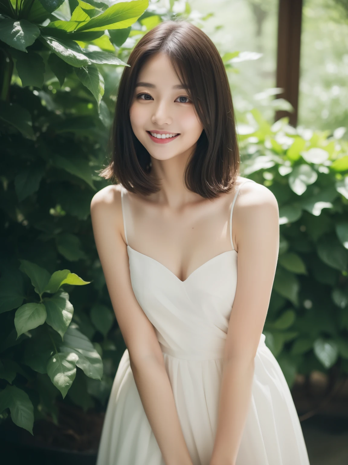 ((highest quality, 8k, masterpiece: 1.3)), beautiful girl, Pure, melon face, Gentle and cute, cute smile, Pure desire, slender body, (front), (tilted head), ((looking at camera) ), Wear a casual suit, medium black hair, flowing long shoulders, round black big eyes, clear big eyes, wet red lips, sweet, Are standing, ホテルのfrontの背景, (((whole body))),