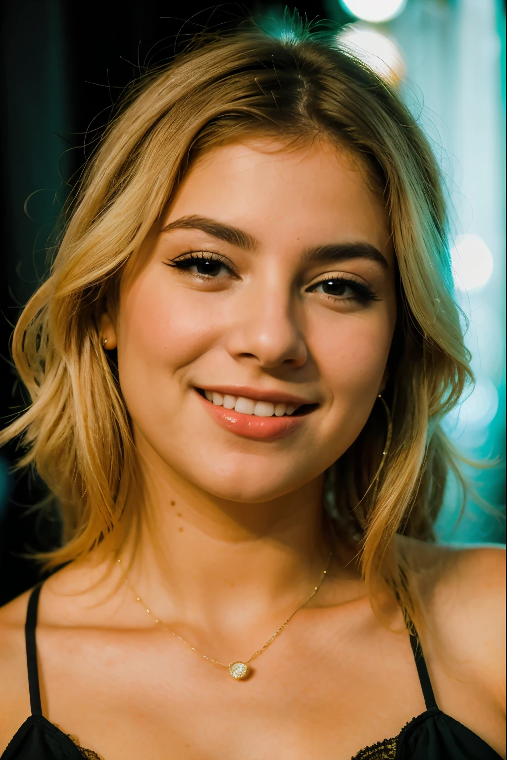 beautiful woman, cantora Sandra Cretu hiper-realista 16k fundo luzes de neon.