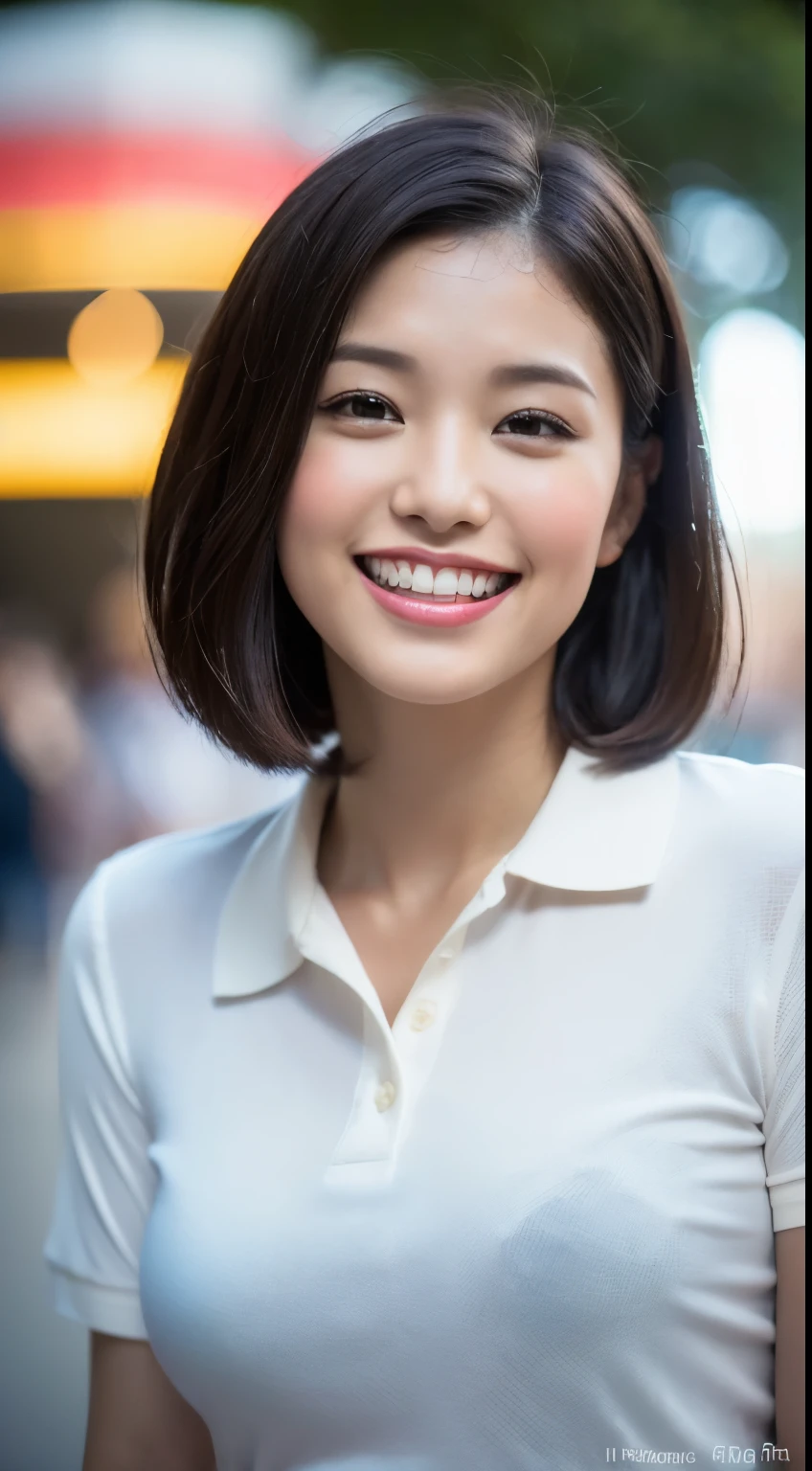 (8K, RAW photo, highest quality, High resolution: 1.1), (ultra-realistic: 1.4), (realistic, photorealistic: 1.3), soft light, big, girl, realistic faces, realistic bodies, realistic skin, disorganized, masterpiece, (cute: 1.8), cuties, alone, (big: 1.2), fine black eyes, innocent eyes, cheek, (polo shirt: 1.2), cinema light, film grain, (((short bob hair: 1.1)), cherry color lip, close, view viewer, Upper body, open lips, upper teeth, (smiling eyes: 0.6), ((grin: 1.2)), Depth of the bounds written, blurred background, focus of the eye, Bokeh, young, 85mm lens, f/1.4, professional lighting, young, portrait, photon mapping, radio city, Physically based rendering
