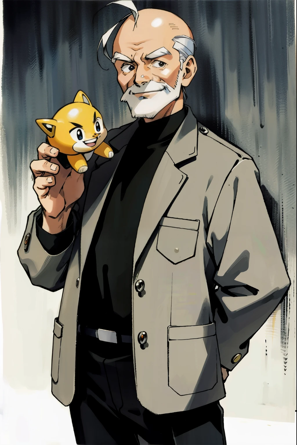 by Ken Sugimori, sugimori 1990s, ((only 1man)), old man, balding, wall of toys behind him, smiling, tweed suit ((hands behind their back)), full black pupils, manga, best quality, highly detailed, clean lines, cowboy shot, good hands, good eyes, hd, 8k, professional, symmetrical, hires, 8k,