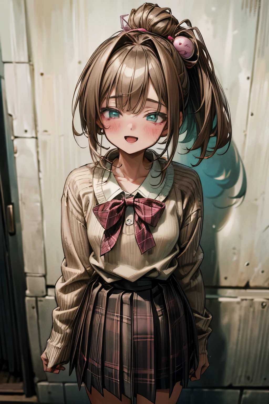 ((Masterpiece)), (Anime:1.5), ((best quality)), (RAW photo:1.2), (High Definition:1.3), (Professional Photography:1.2), (chromatic aberration), 1girl, ((12years old)), small breast, teenage cute girl, (Spoken Heart), messy ponytail and brown middle hair, tied with pink elastic, aqua eyes, (School Uniforms:1.2), (Wearing a beige knitted sweater over a white shirt:1.3), (plaid pleated skirt:1.3), open mouth, the wind, breezing, Cute Hair Ornament, (blush and cute smile face), against the concrete wall,