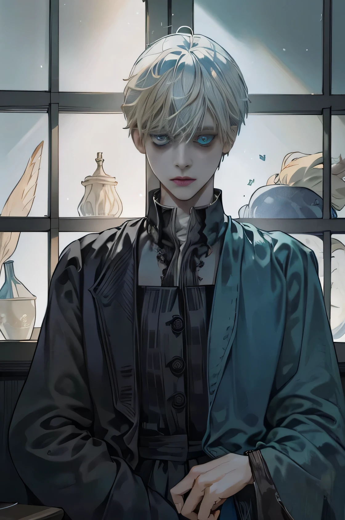 Dark picture, Draco Malfoy stands at the window., despair, wild hair, black robe, High detail ((Smooth skin, Blue eyes, disheveled blond hair)))