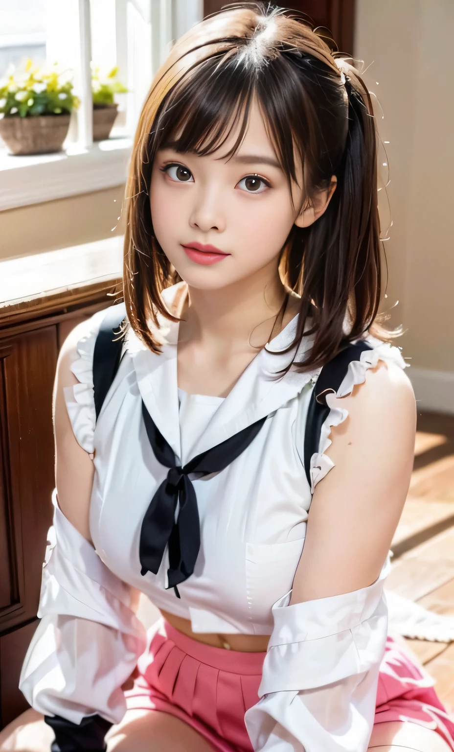 (8K, Raw photo, realistic:1.25) ,{( lip gloss), {{long eyelashes:double eyes}}, {shiny face, Glossy skin}, {highest quality, ultra high resolution}, Depth of written boundary, chromatic aberration, caustics, wide range lighting, natural shading,){ Look at the viewer with a calm expression::18-year-old, happiness like a goddess}}., , {{sailor suit:See-through:(pink good}:nipple}}, {mini skirt},{{simple background:white}}