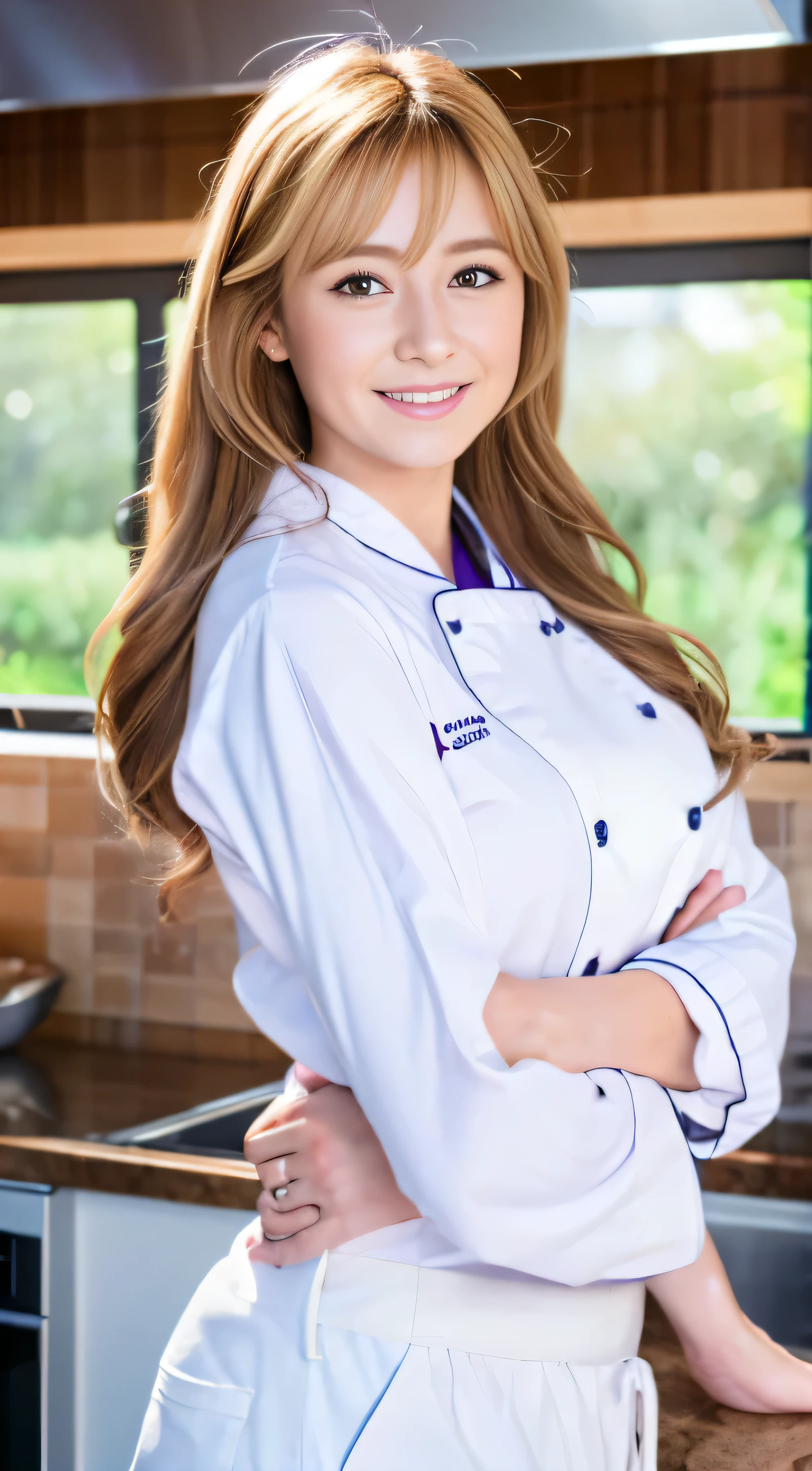 ((best quality)), ((chef-d&#39;artwork)), (detailed), visage parfait, femme blonde souriante qui pose sur la plage , vu de loin

