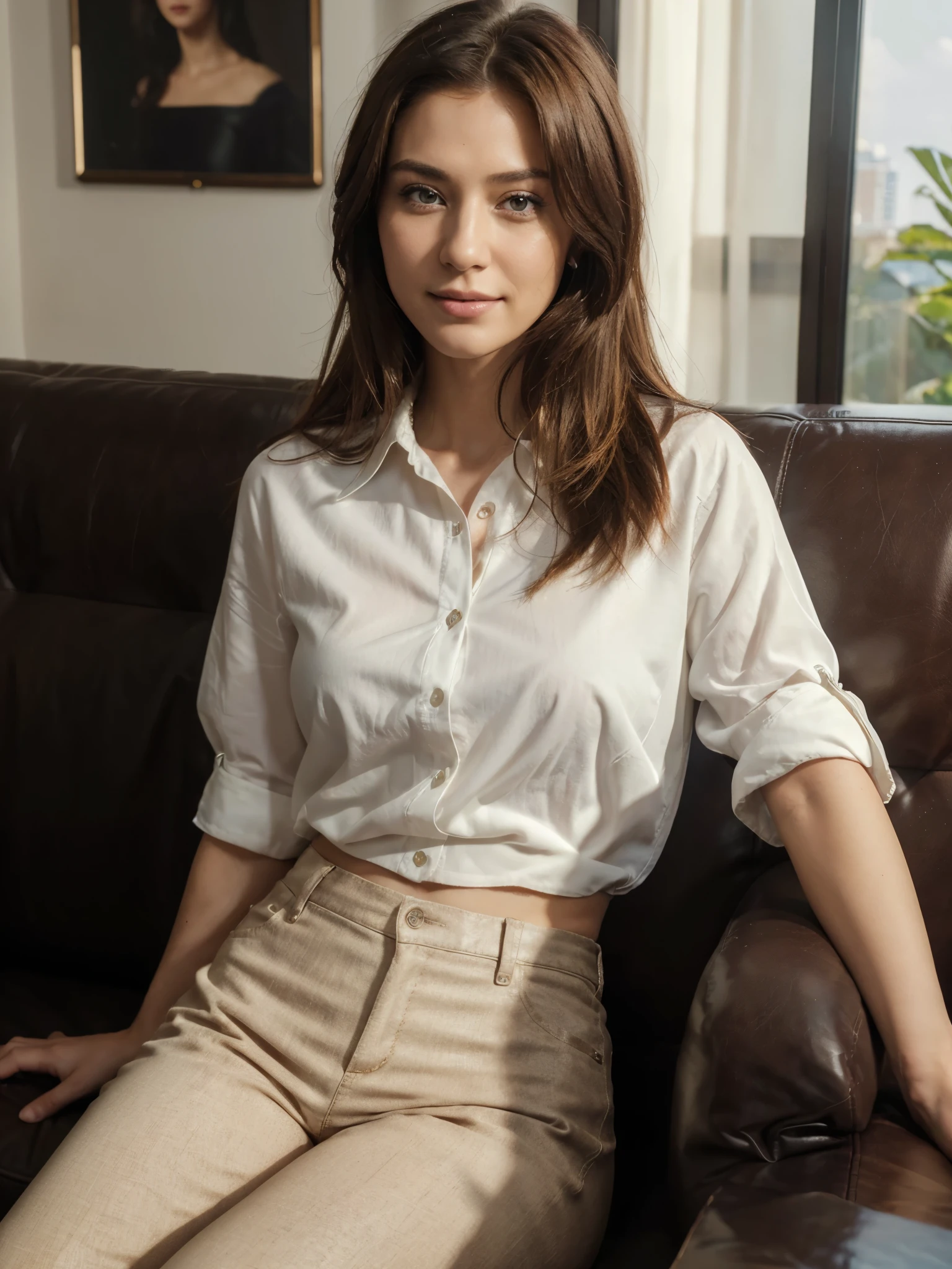 (masterpiece:1.3), (8K, Photorealistic, RAW images, best quality: 1.4), Japan, beautiful face, (Realistic faces), (medium hair:1.3), Beautiful hairstyle, Real eyes, beautiful eyes, (genuine leather)  , beautiful skin, attractive, Ultra-high definition, hyper-realistic, High resolution, Business lady, Midnight Park, Sitting on the couch, Sit with your groin open, When you see viewers, smiling, white shirt, pants,
