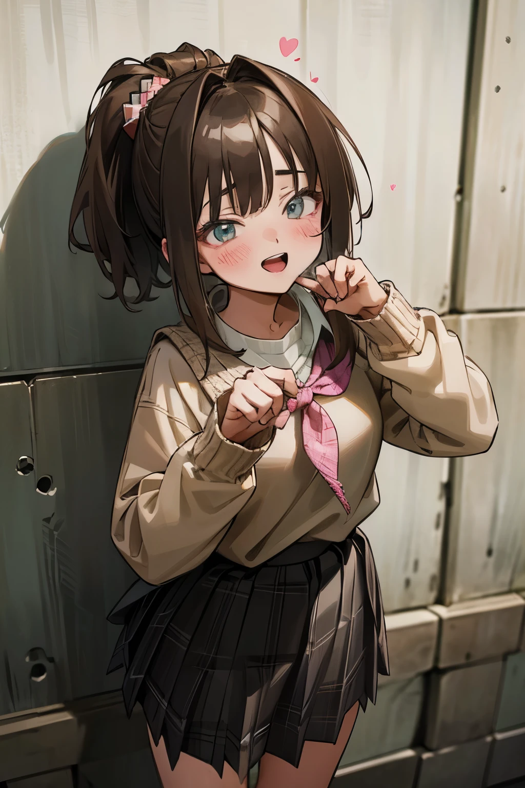 ((Masterpiece)), (Anime:1.5), ((best quality)), (RAW photo:1.2), (High Definition:1.3), (Professional Photography:1.2), (chromatic aberration), 1girl, ((12years old)), small breast, age cute girl, (paw pose), (Spoken Heart), messy ponytail and brown middle hair, tied with pink elastic, aqua eyes, (School Uniforms:1.2), (Wearing a beige knitted sweater over a white shirt:1.3), (plaid pleated skirt:1.3), open mouth, the wind, breezing, Cute Hair Ornament, (blush and cute smile face), against the concrete wall,