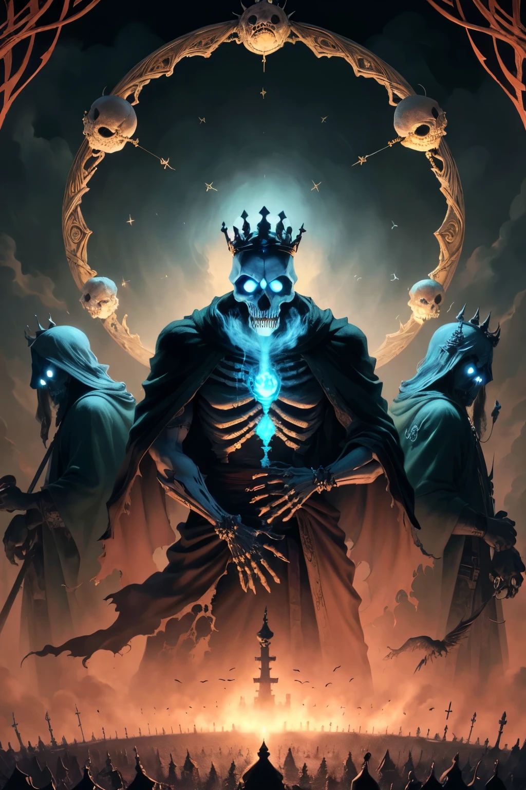 Masterpiece of the Skeleton King: A thousand devils tremble before this terror, their bones gleaming in the pale moonlight. The Skeleton King's crown towers above him, adorned with the skulls of ancient foes. His eyes glow like hot embers, and his robes billow in the wind as he raises his scythe, ready to claim new souls. Each detail is rendered in the best quality, every bone sharp and every eye terrifyingly alive. (Masterpiece of the Thousand Devils)

Best quality: King's Calendar – The pages turn with the gentle touch of the wind, revealing shimmering golden numbers. The vibrant illustrations