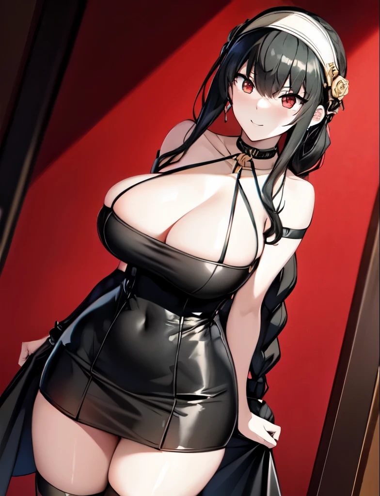 A dynamic view of a tall young woman with a slender and busty frame. long, straight, black hair reaching her mid-back with short bangs framing her forehead in a more elaborate updo formed from braids wrapping around her head and upturned red eyes. a form-fitting halter-style black dress that shows off her shoulders and chest, with a rose choker and a red rose pattern on the inside of her skirt. The front of the skirt is mid-thigh length, while the back reaches below her knees. She also wears a pair of black thigh-high boots with a rose symbol at the bottom of their sole and black fingerless gloves. The headband she wears is gold colored with a rose and two spikes on each side.