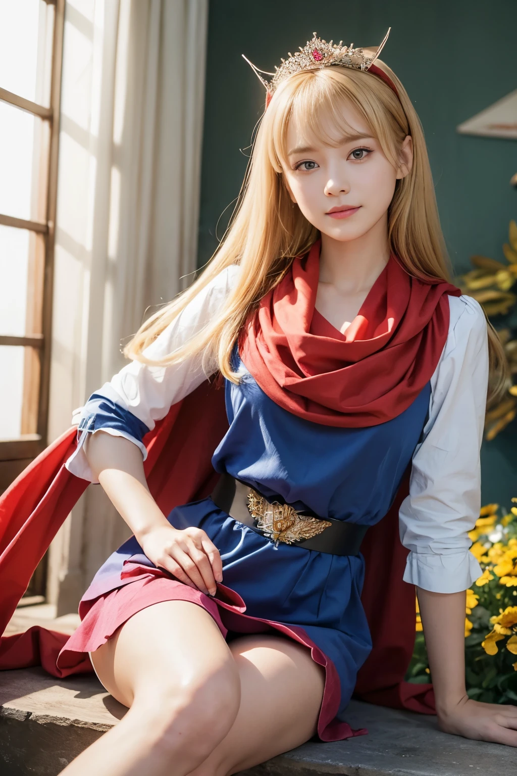 masterpiece、1 beautiful girl、fine eyes、smile,puffy eyes、highest quality, 超High resolution, (reality: 1.4), movie lighting、super beautiful、beautiful skin、body facing forward、Upper body,close up of face,(超reality的な)、(High resolution)、(8k)、(very detailed)、(美しくfine eyes)、(Super detailed)、 (wall-)、detailed face、bright lighting、professional lighting、looking at the viewer、look straight ahead、slanted bangs、perfect cosplay, highest quality,super detailed,1 girl,alone,magical princess,blonde hair,blue clothes,blue skirt,brown eyes,feather hair band,long hair,pauldron,boots,red scarf,tiara,white shoes, flower field background,prepare a bow