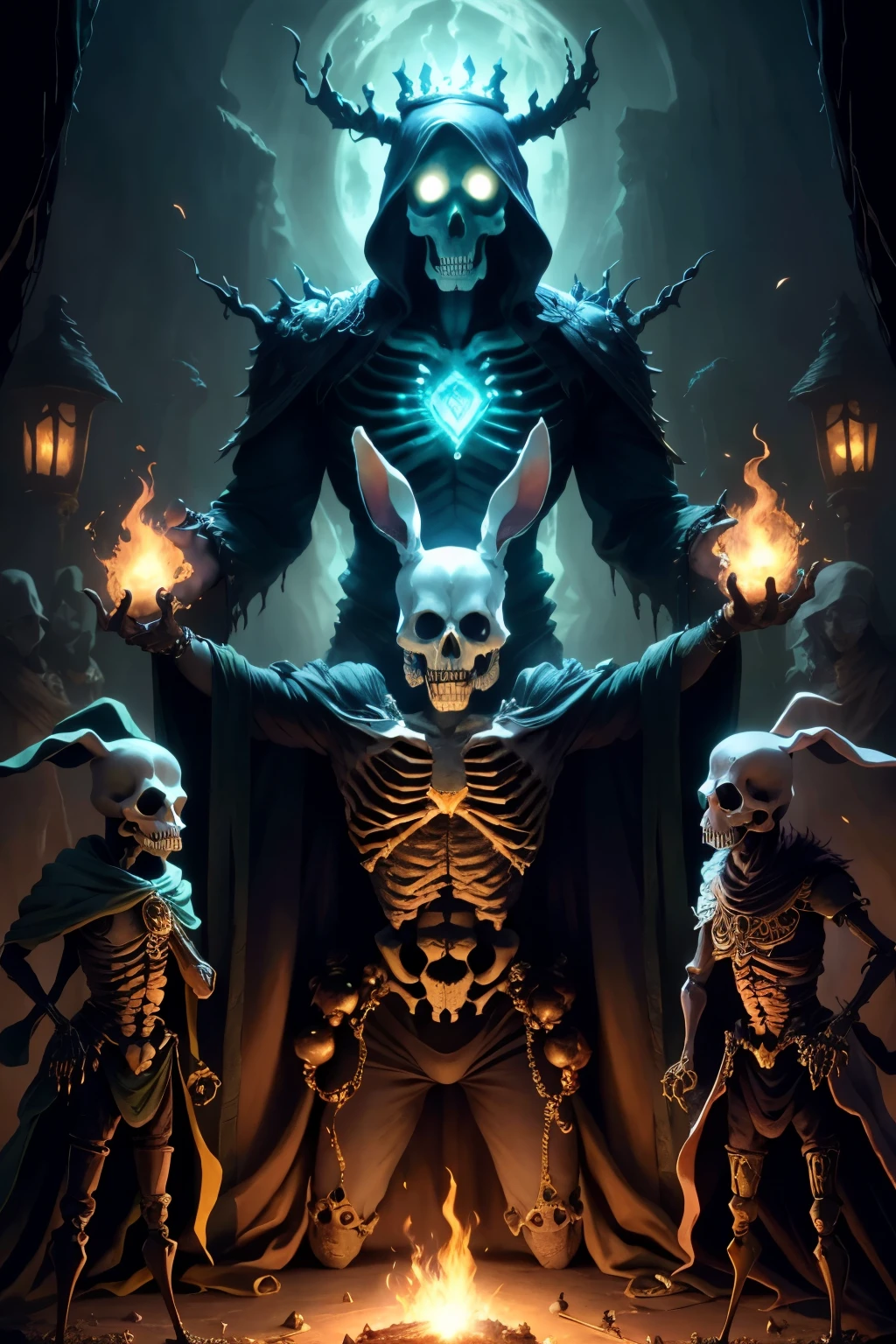 Masterpiece of the Skeleton King, of best quality and intricate design, his bony frame adorned with precious gems and gold. A thousand devils assembled, their flames flickering in the darkness, dancing to the tune of their malevolent master's will. In the heart of their lair, a secret hideaway, a burrow like a hole for the sorceress woman who held the power to tame the unruly horde.