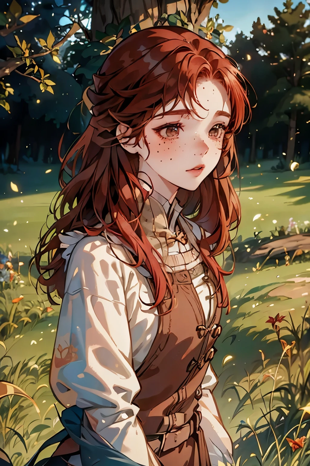 Ginny Weasley stands in the meadow, grass and trees around, bright sunlight, Natural light, detailed face ((Brown eyes, freckles, Red hair)), happiness, 