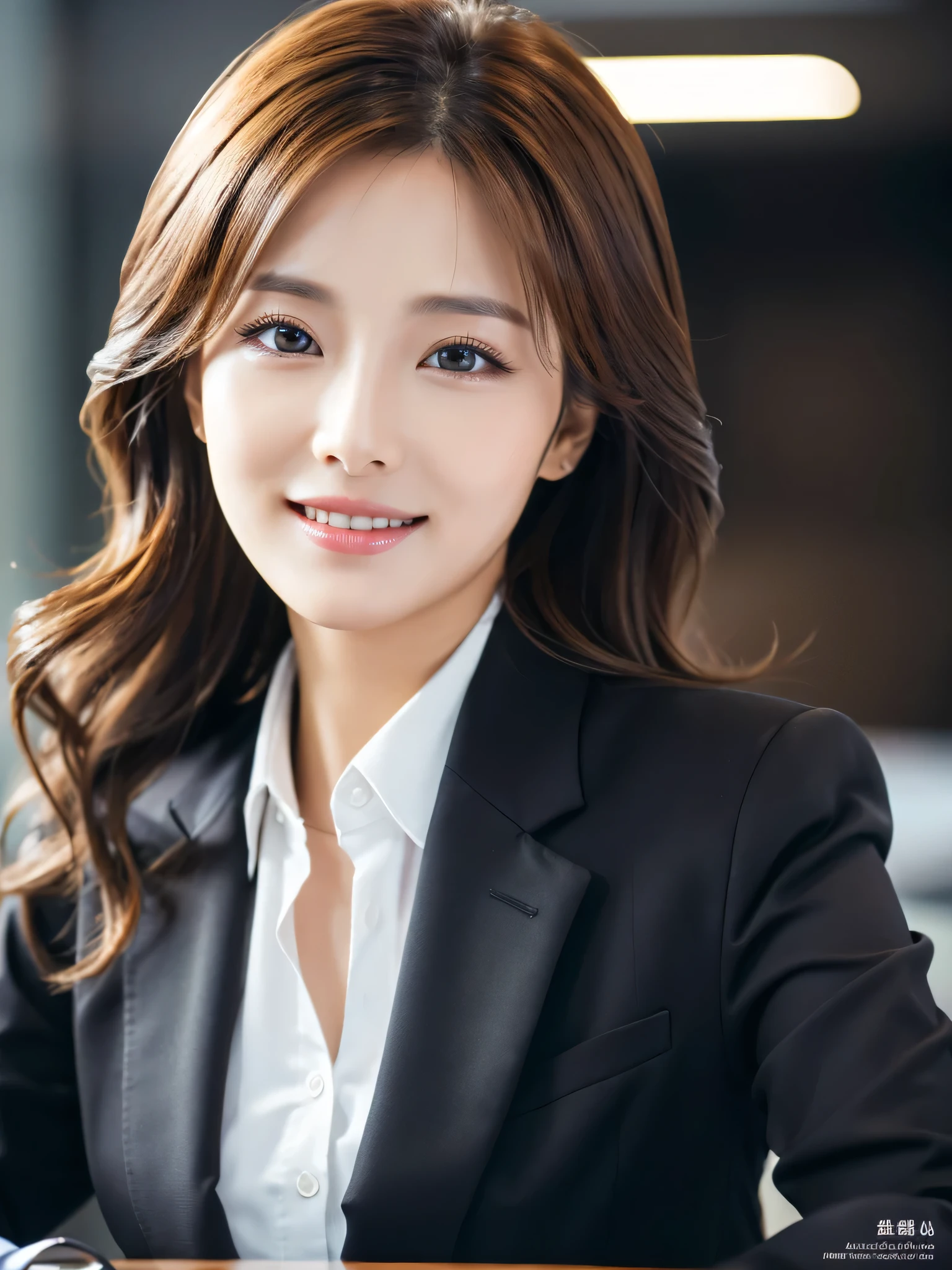 table top、highest quality、genuine、Super detailed、finely、High resolution、8k wallpaper、one beautiful woman、、、light brown disheveled hair、wearing a business suit、sharp focus、perfect dynamic composition、beautiful and detailed eyes、thin hair、Detailed genuine skin texture、smile、close-up portrait、model body shape