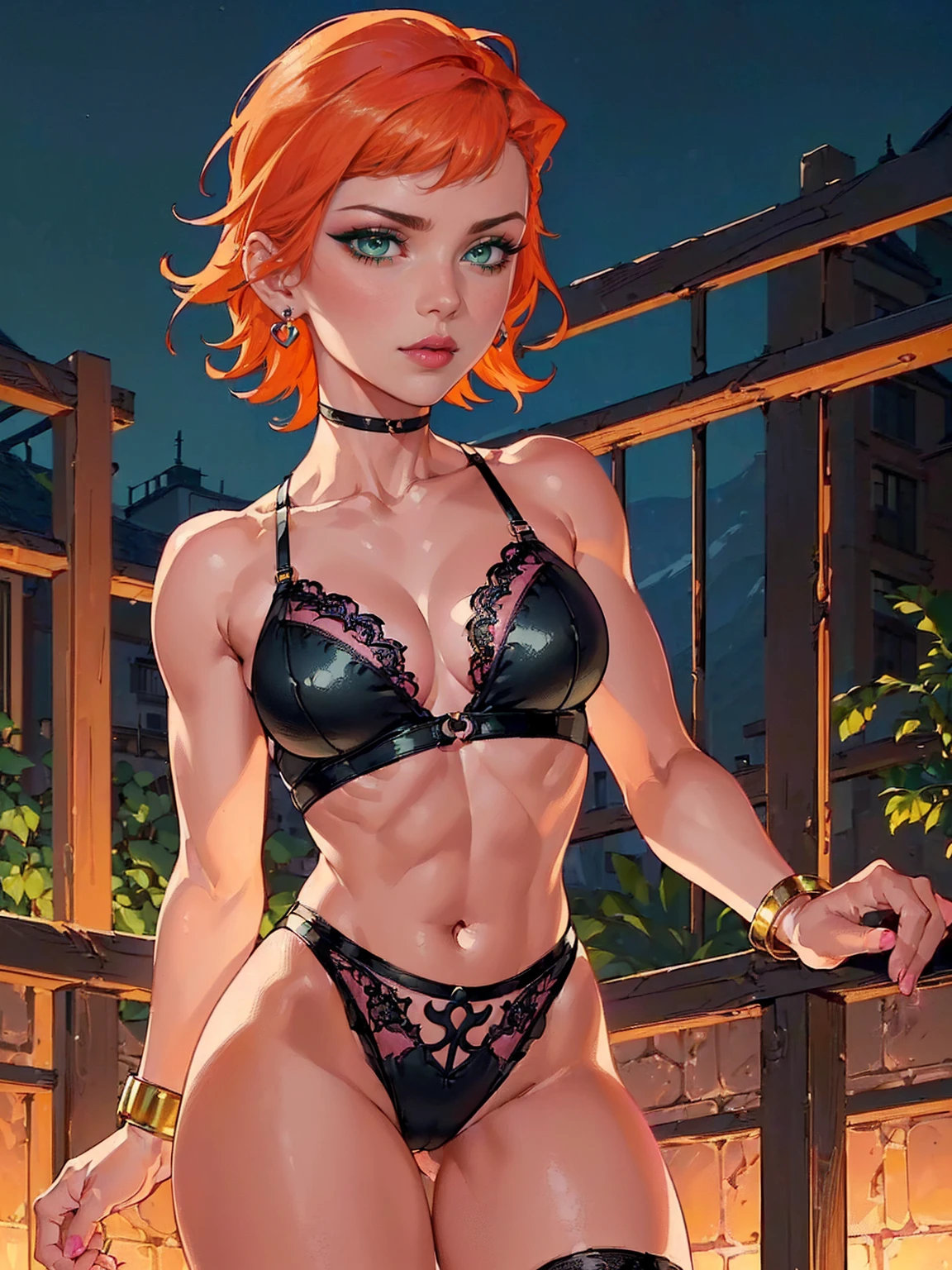(((Green eyes, orange hair, short hair, shaved side, fitness, fitness body, muscular, pink lipstick))), ((ultra quality, swimsuit aside)), Gwen Tennyson, ((1girl, solo ,alone, gold bracelets, ruby earrings, ((solo, 1woman, pink lipstick, Extremely detailed, ambient soft lighting, 4k, perfect eyes, a perfect face, perfect lighting, a 1girl)), sensual, black sheer lace lingerie, black sheer tong, outdoors, legs open, shapely thighs