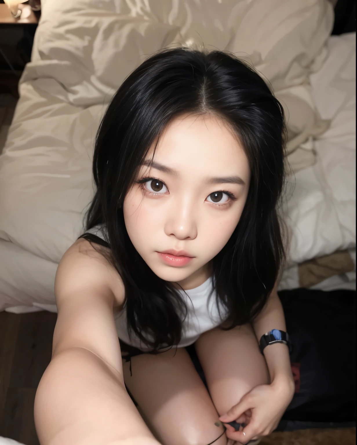 Hay una mujer sentada en una cama con un control remoto en la mano, muchacha coreana, jennie rosa negro, ojos dormitorio, Jennie de Blackpink, Young cute pale asian face, ulzzang, 8k selfie photography, chica asiatica, hermosa mujer surcoreana, sexy look at the camera