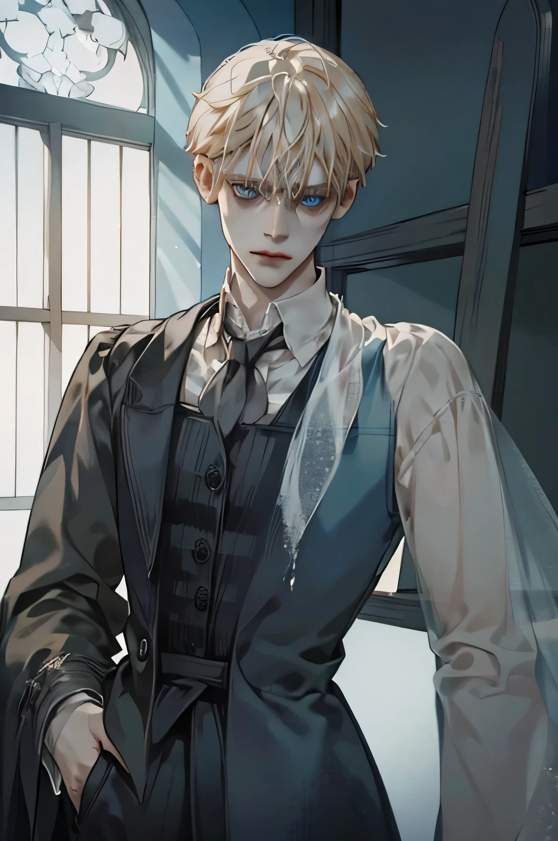  Draco Malfoy stands at the window., despair, wild hair, black robe, High detail ((Smooth skin, Blue eyes, disheveled blond hair)))